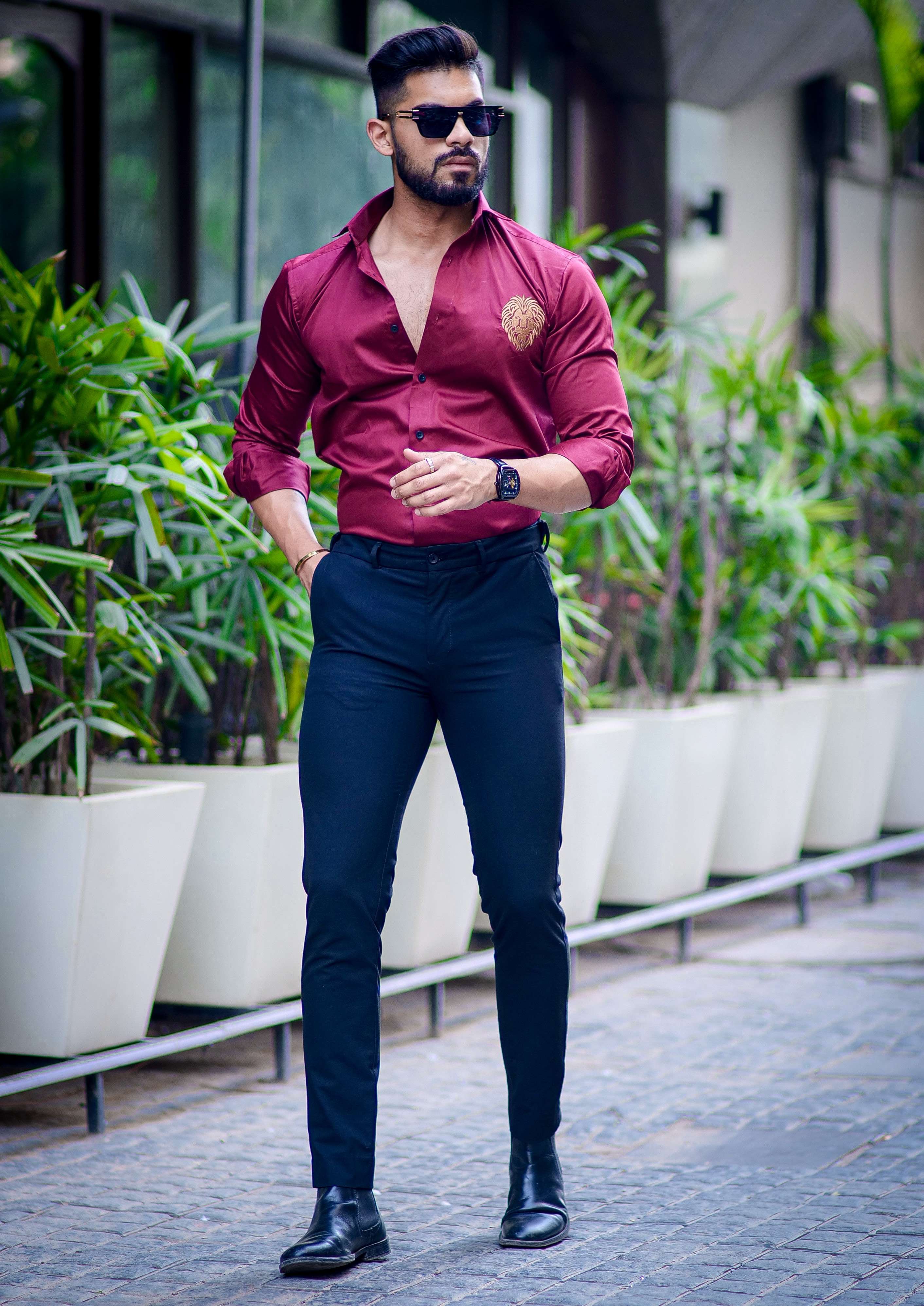Maroon Golden Embroidered Mufasa Luxury Shirt For Men's