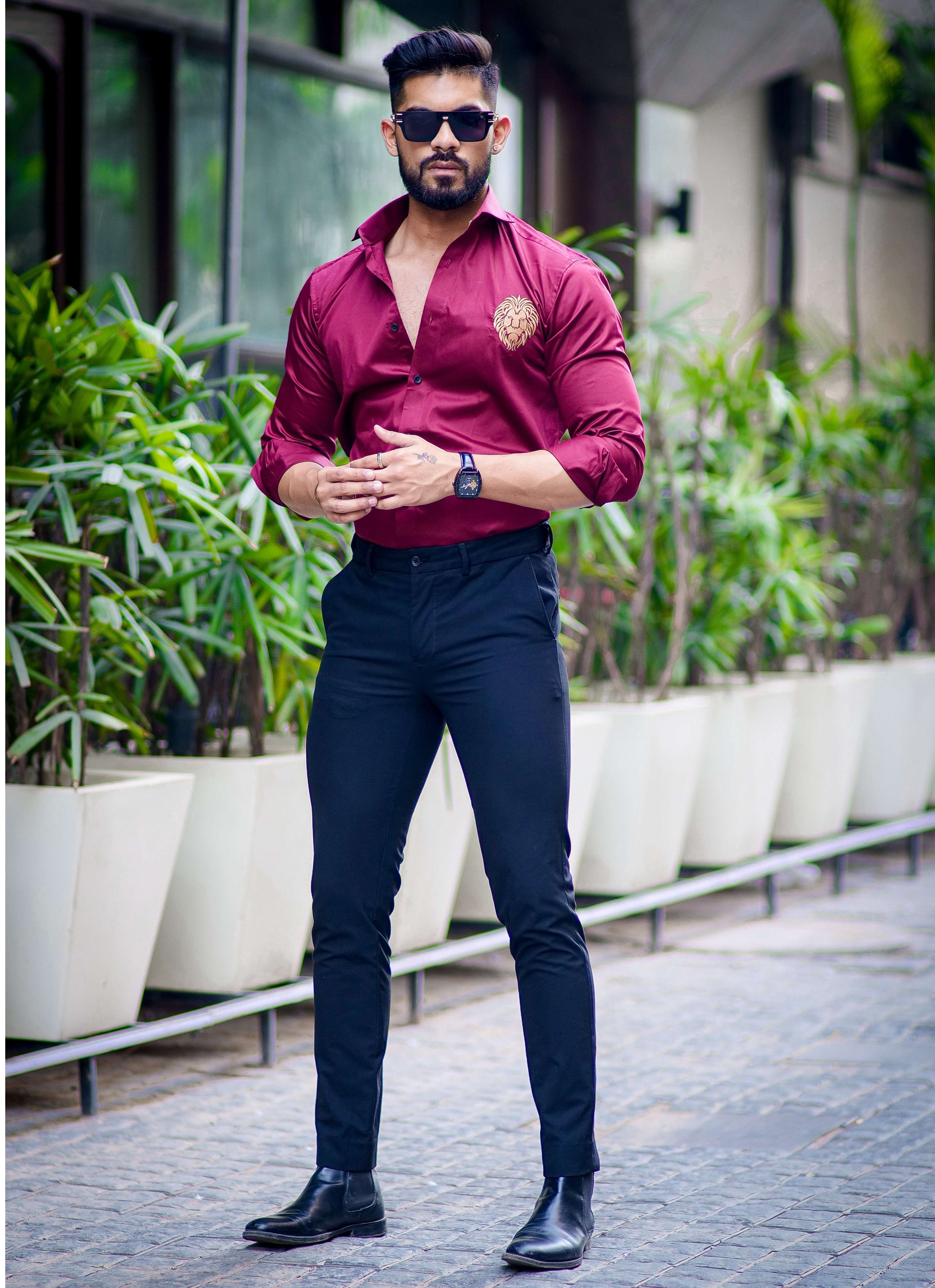 Maroon Golden Embroidered Mufasa Luxury Shirt For Men's