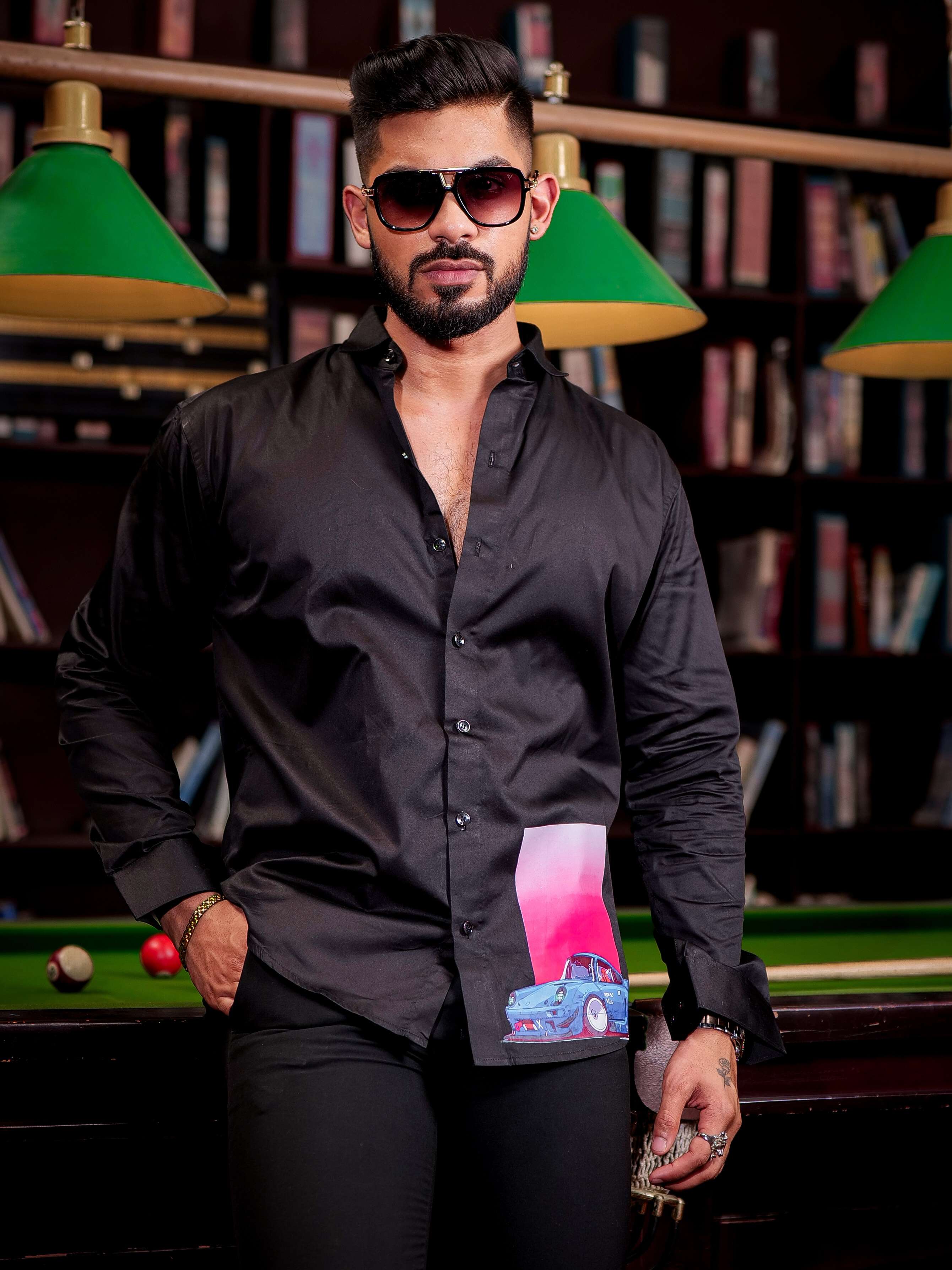 Black ClubWear Printed Satin Cotton Shirt