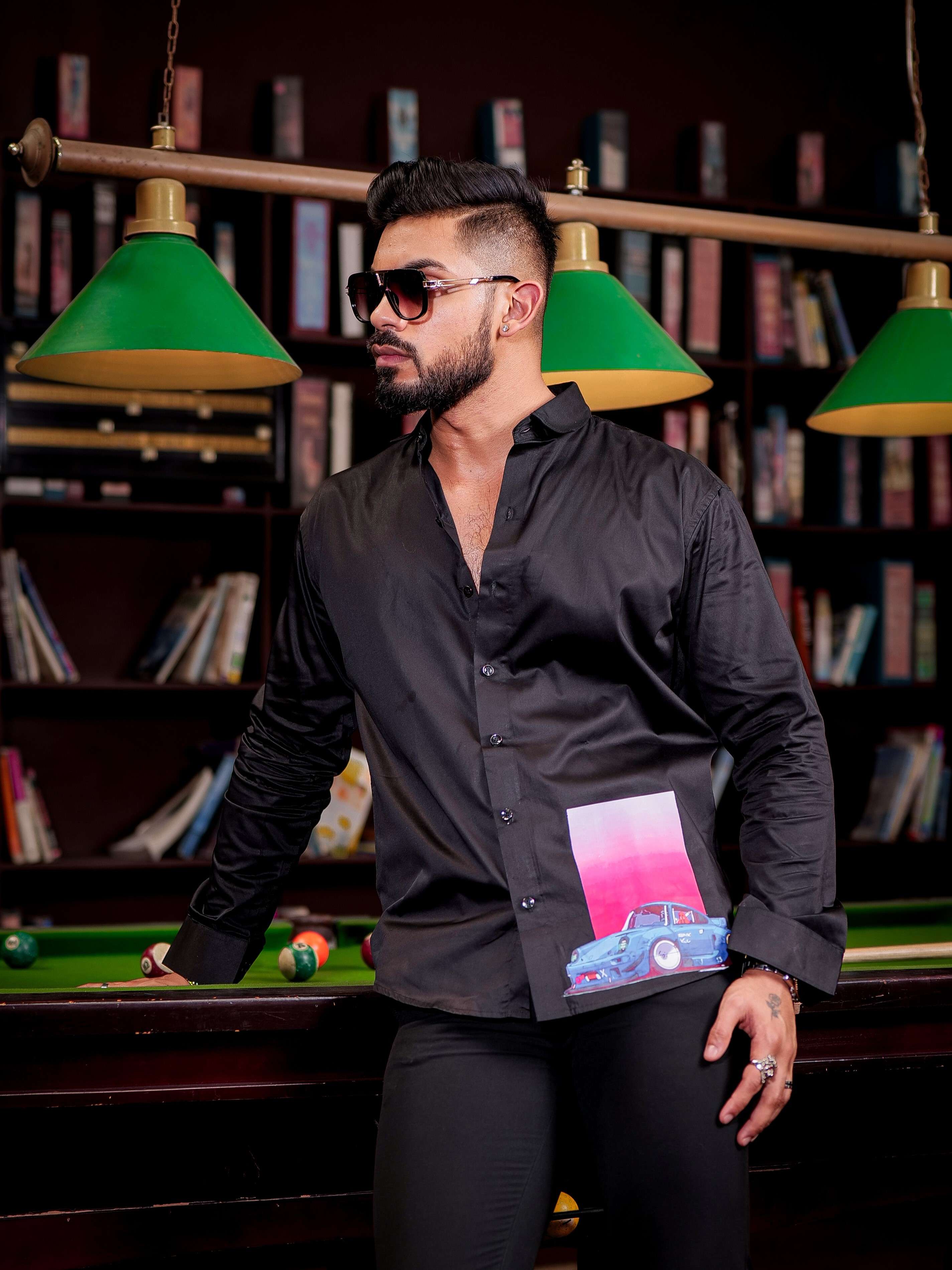 Black ClubWear Printed Satin Cotton Shirt