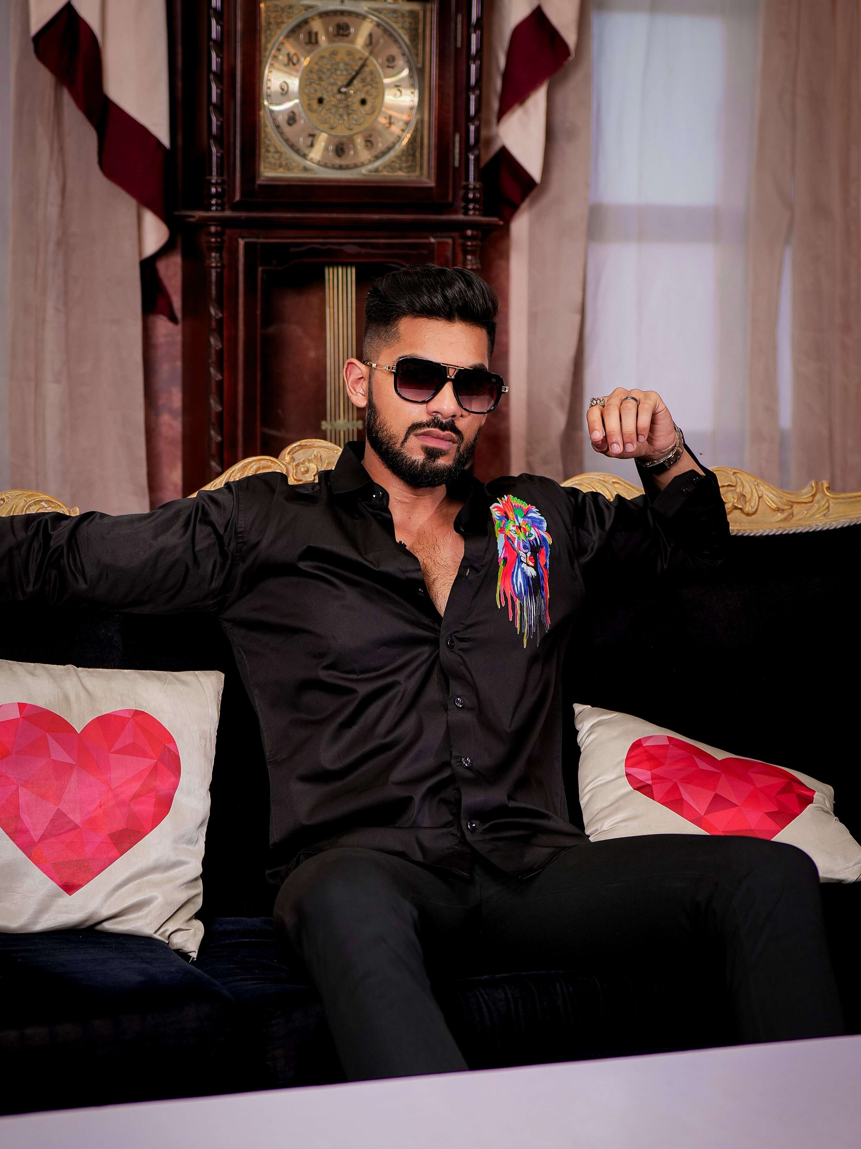 Black Club Wear Printed Satin Cotton Shirt