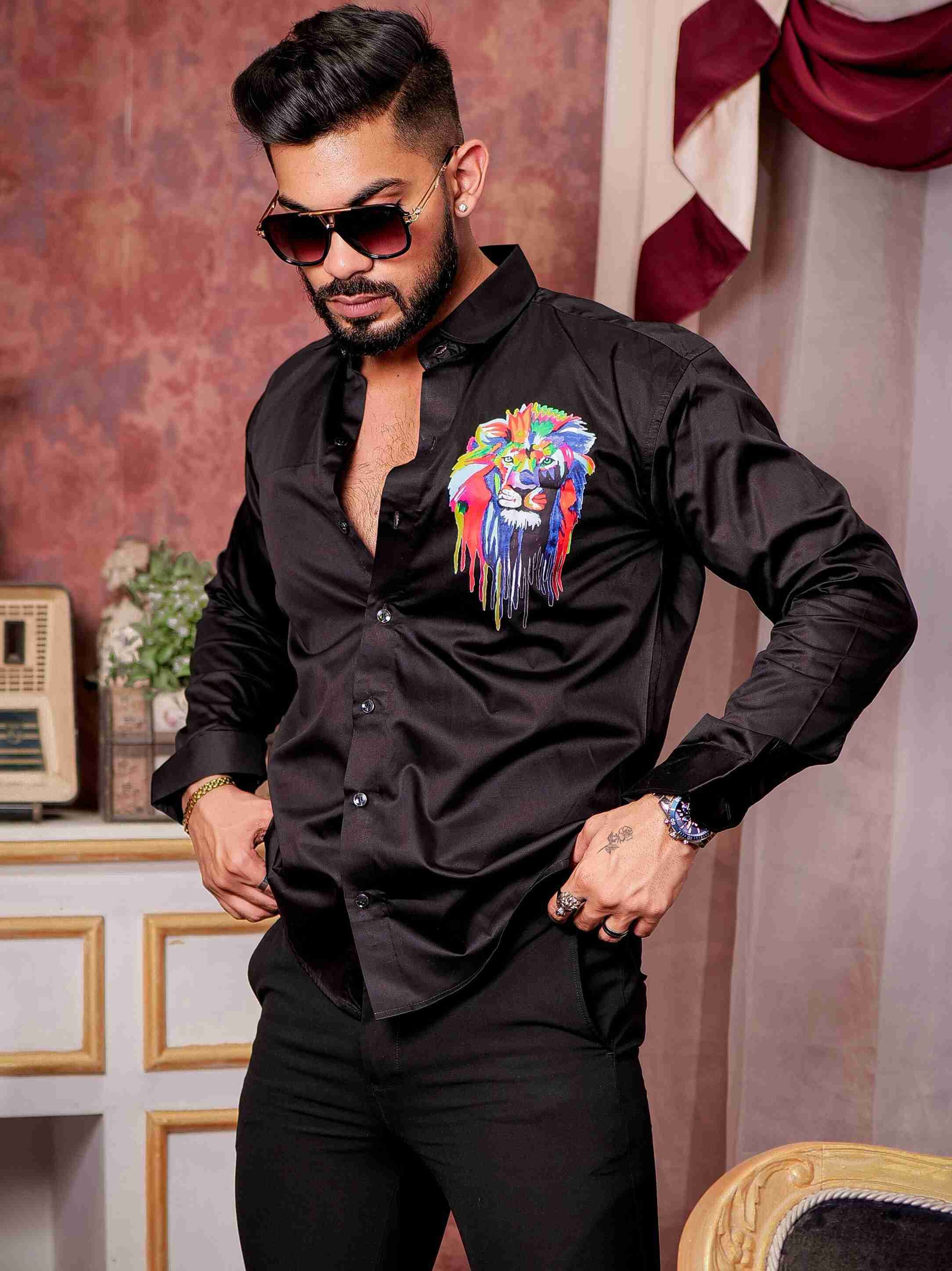 Black Club Wear Printed Satin Cotton Shirt