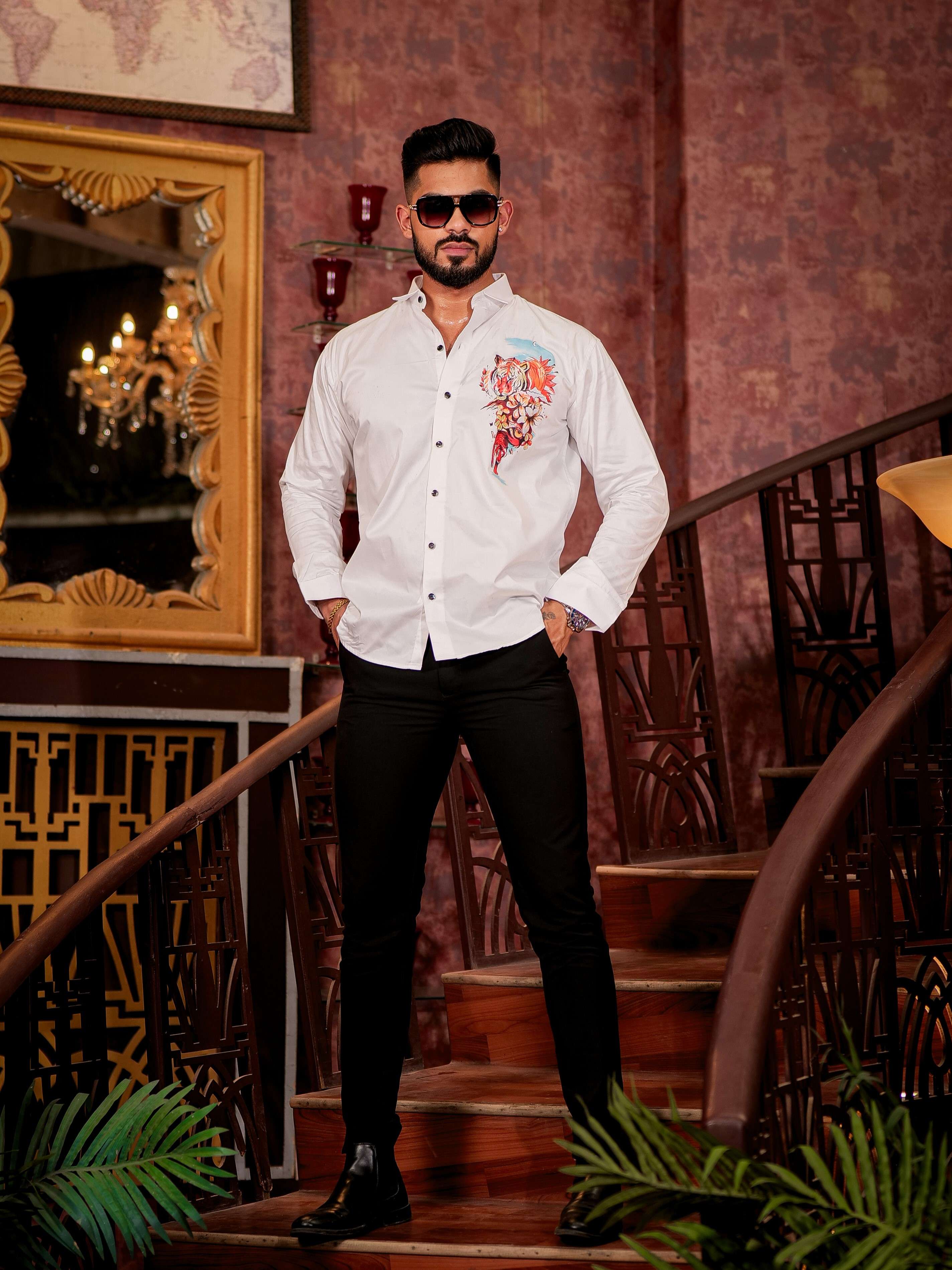 White Club Wear Printed Satin Cotton Shirt