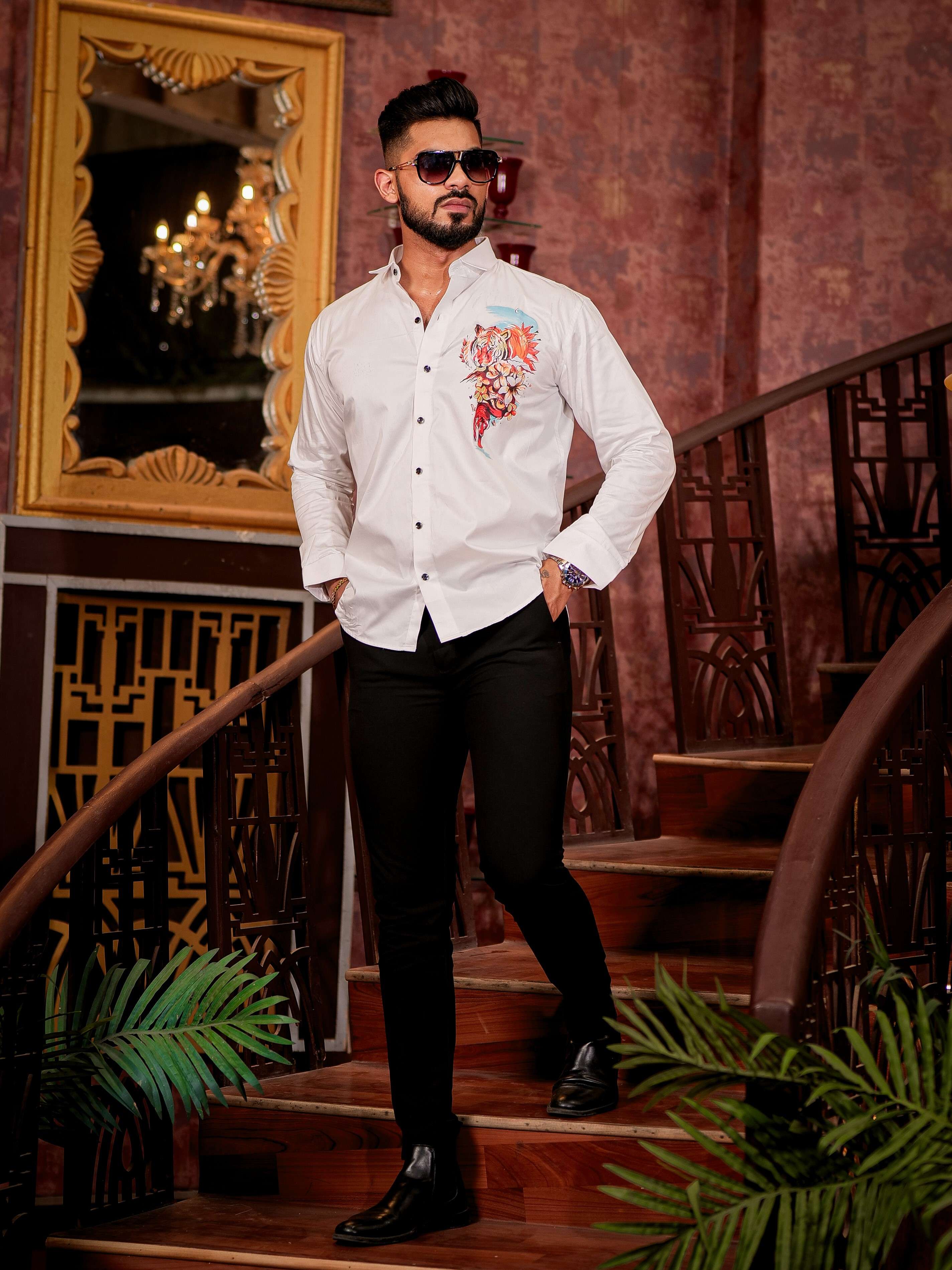 White Club Wear Printed Satin Cotton Shirt