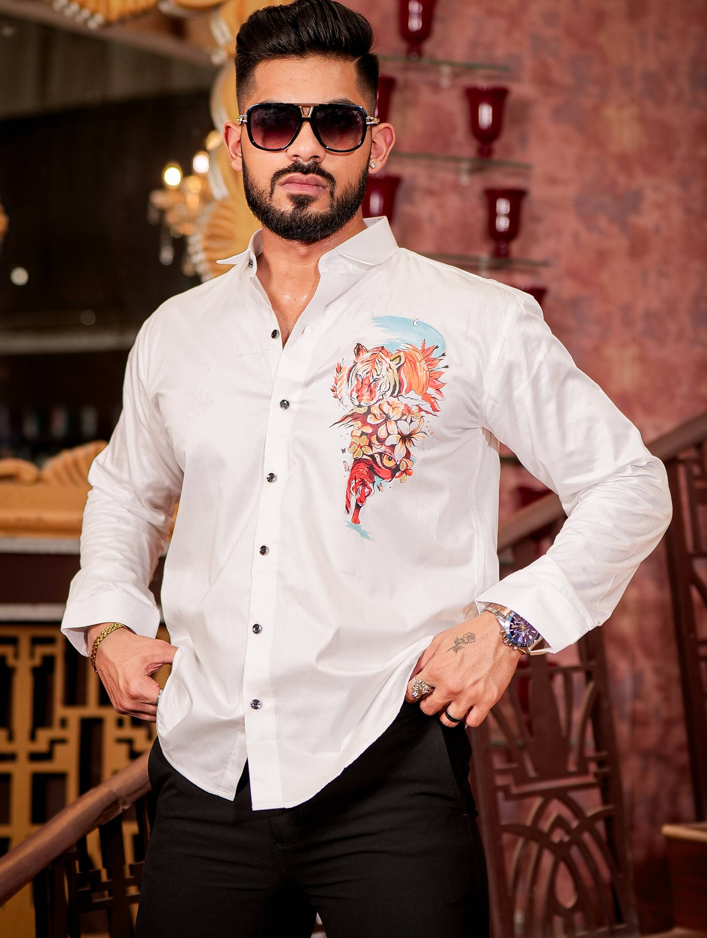 White Club Wear Printed Satin Cotton Shirt