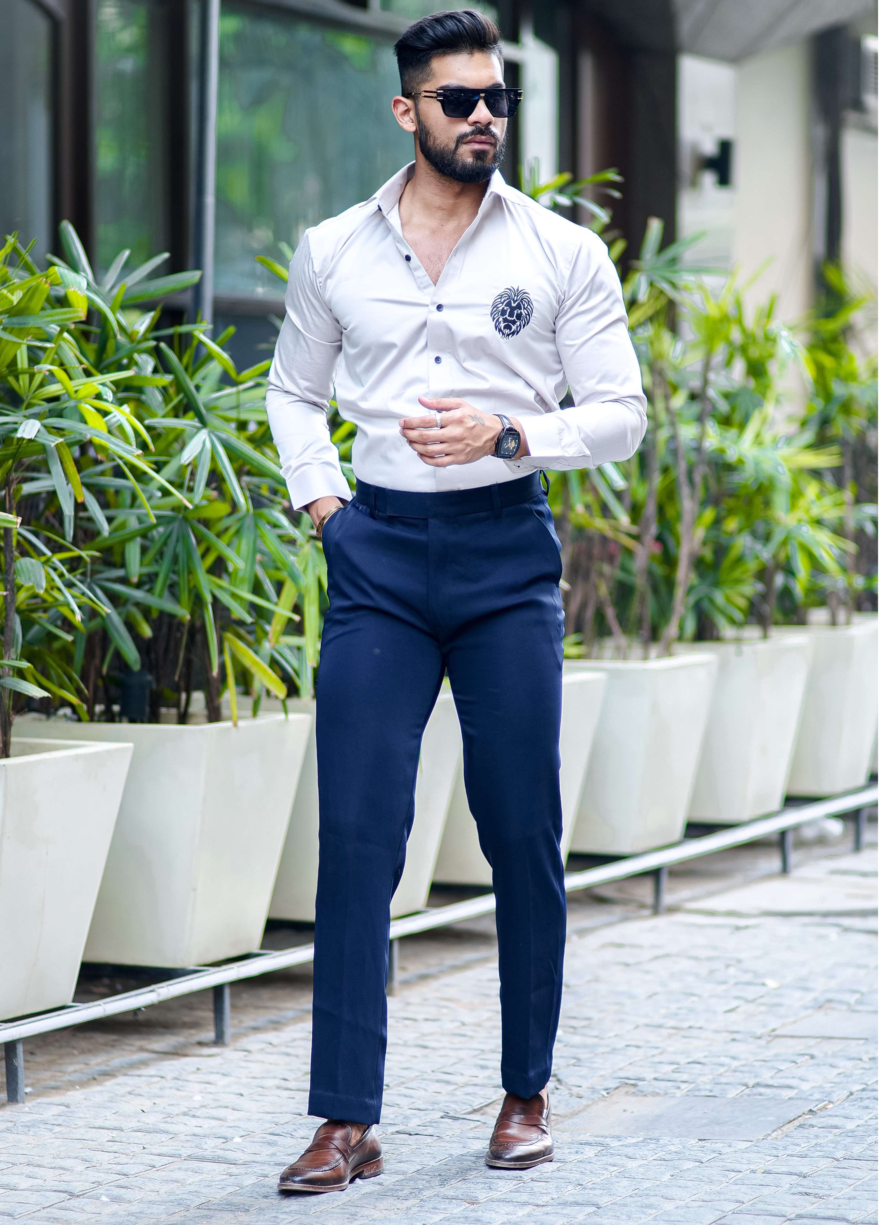 Grey Black Embroidered Mufasa Luxury Shirt For Men's