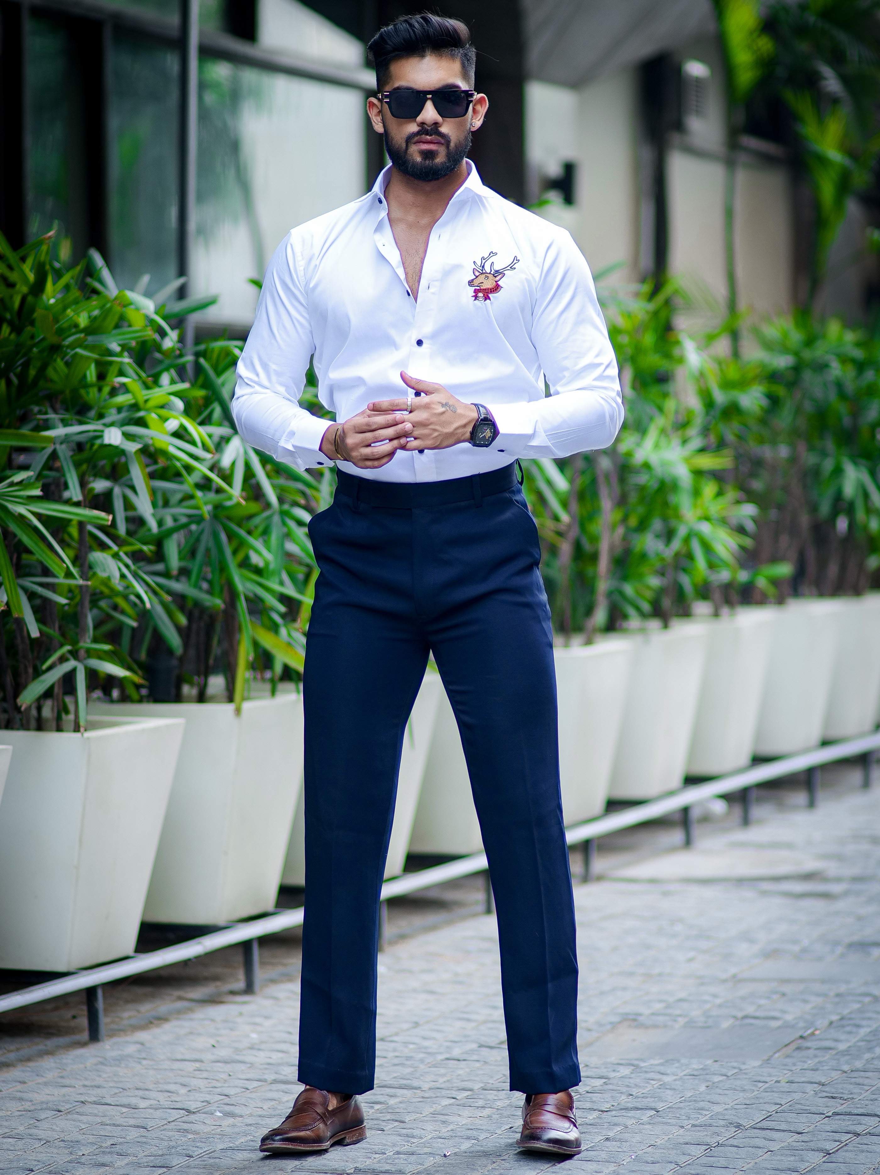 White Subtle Sheen Deer Embroidered Luxury Premium Satin Cotton Shirt
