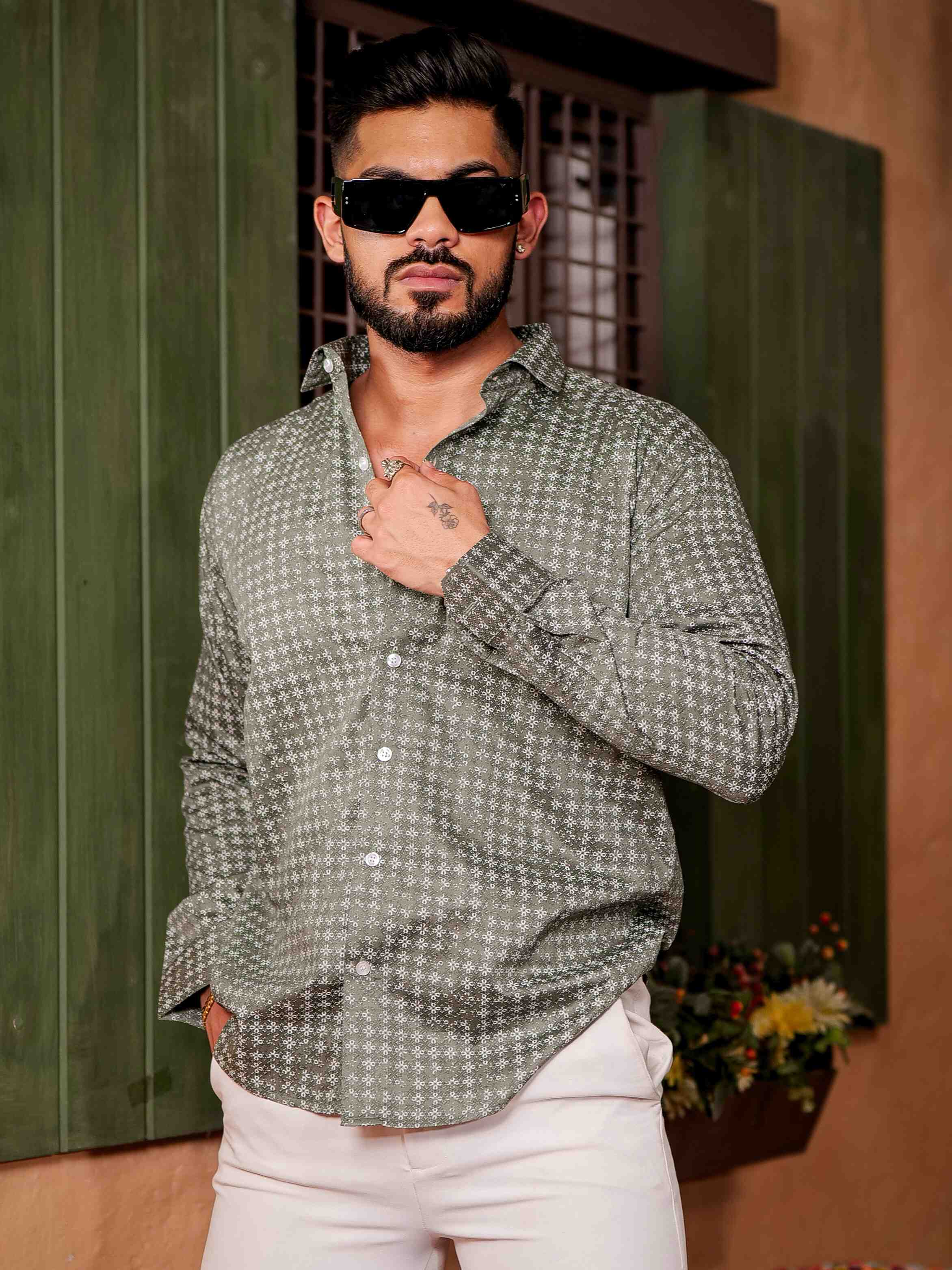 Green Satin Print Premium Shirt