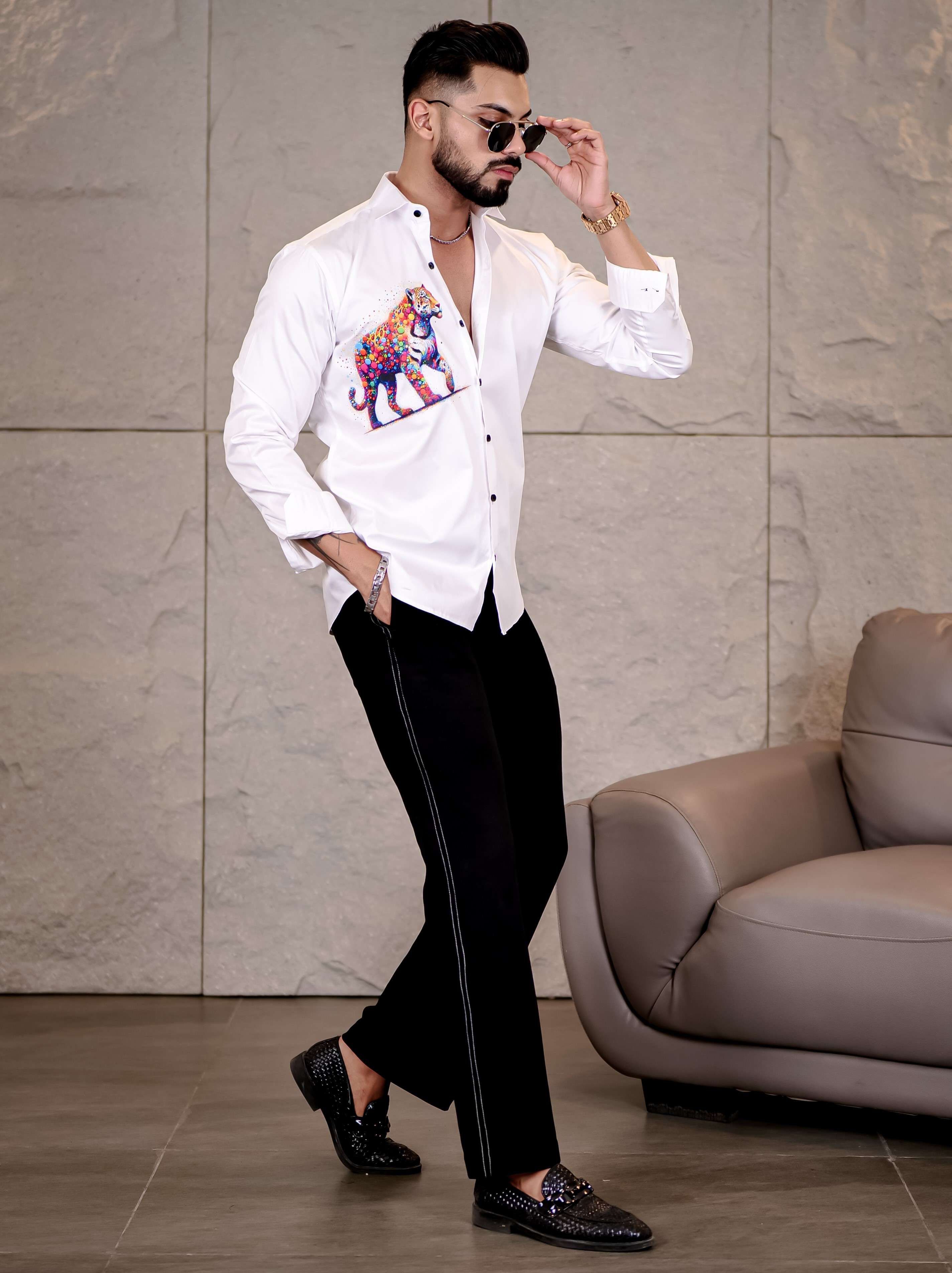 White Club Wear Tiger Printed Satin Cotton Shirt