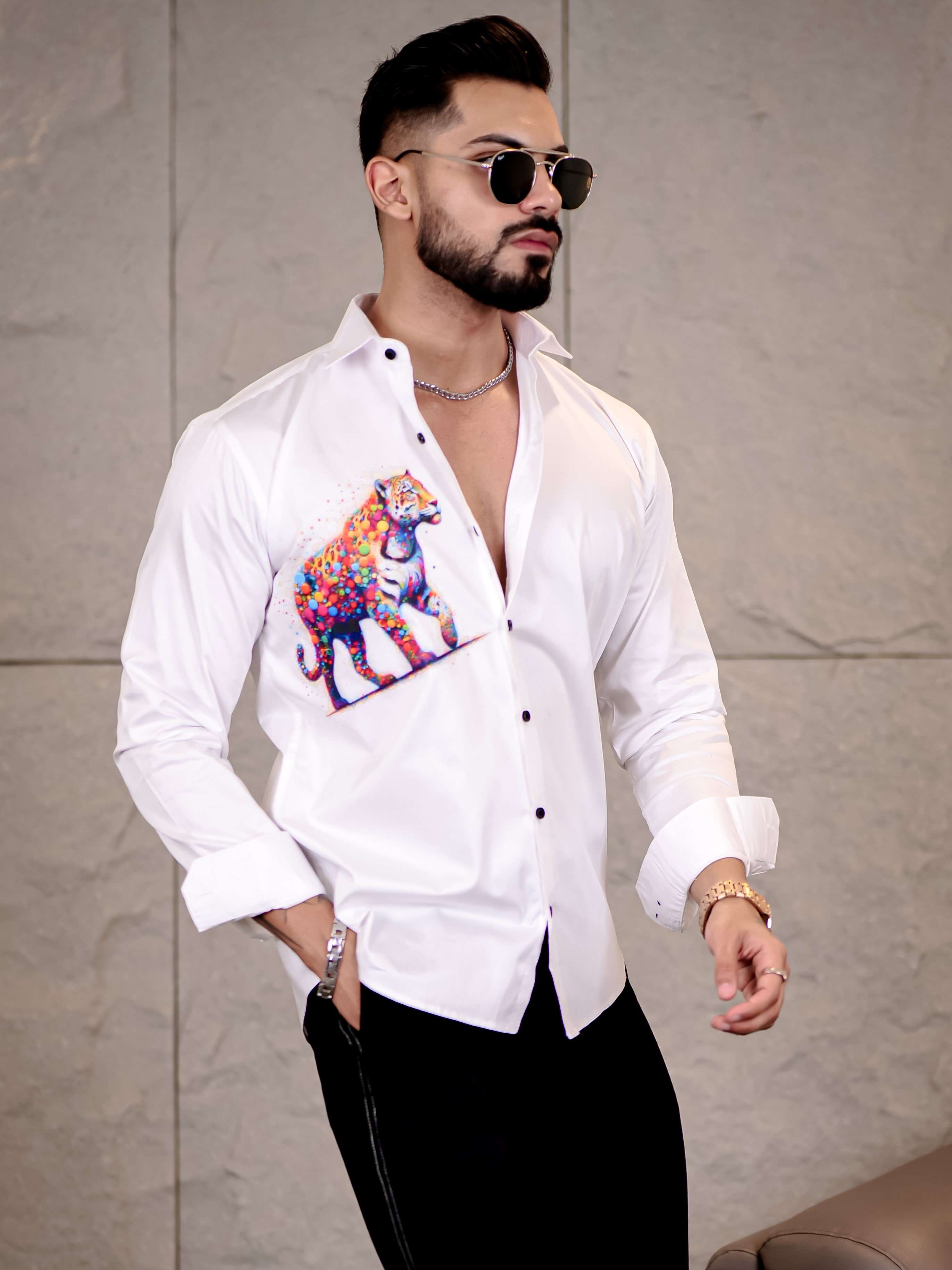 White Club Wear Tiger Printed Satin Cotton Shirt