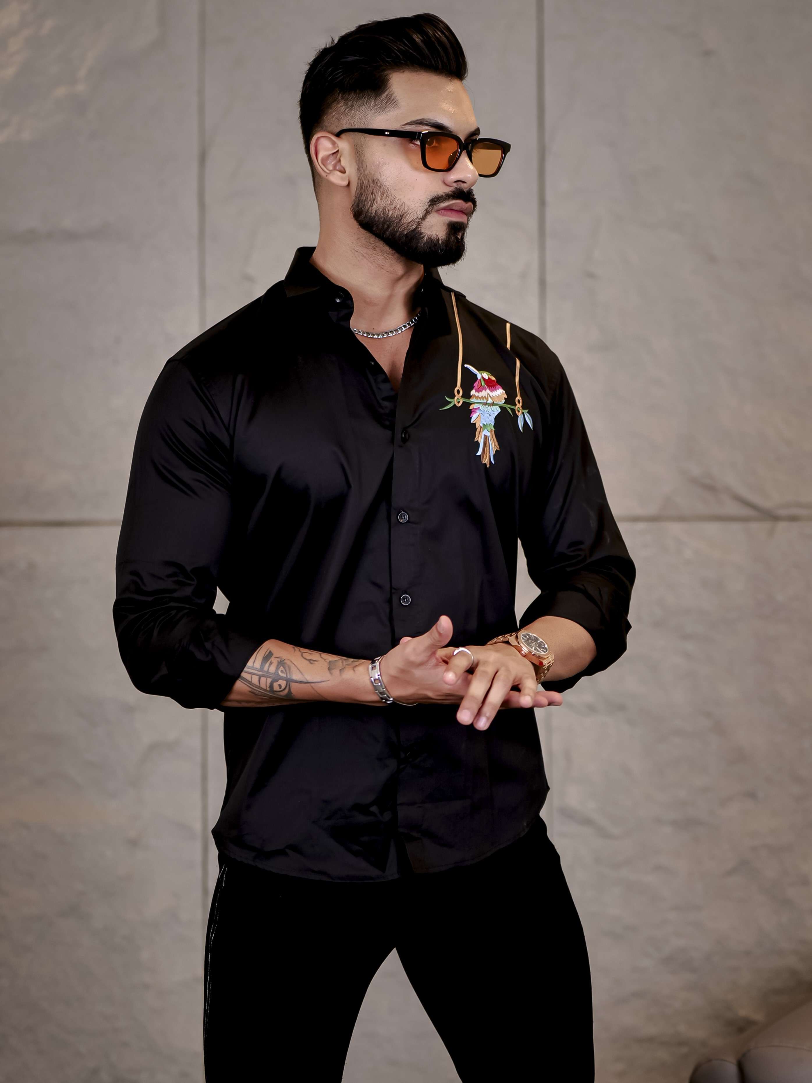 Black Bird Embroidered Premium Cotton Shirt For Men