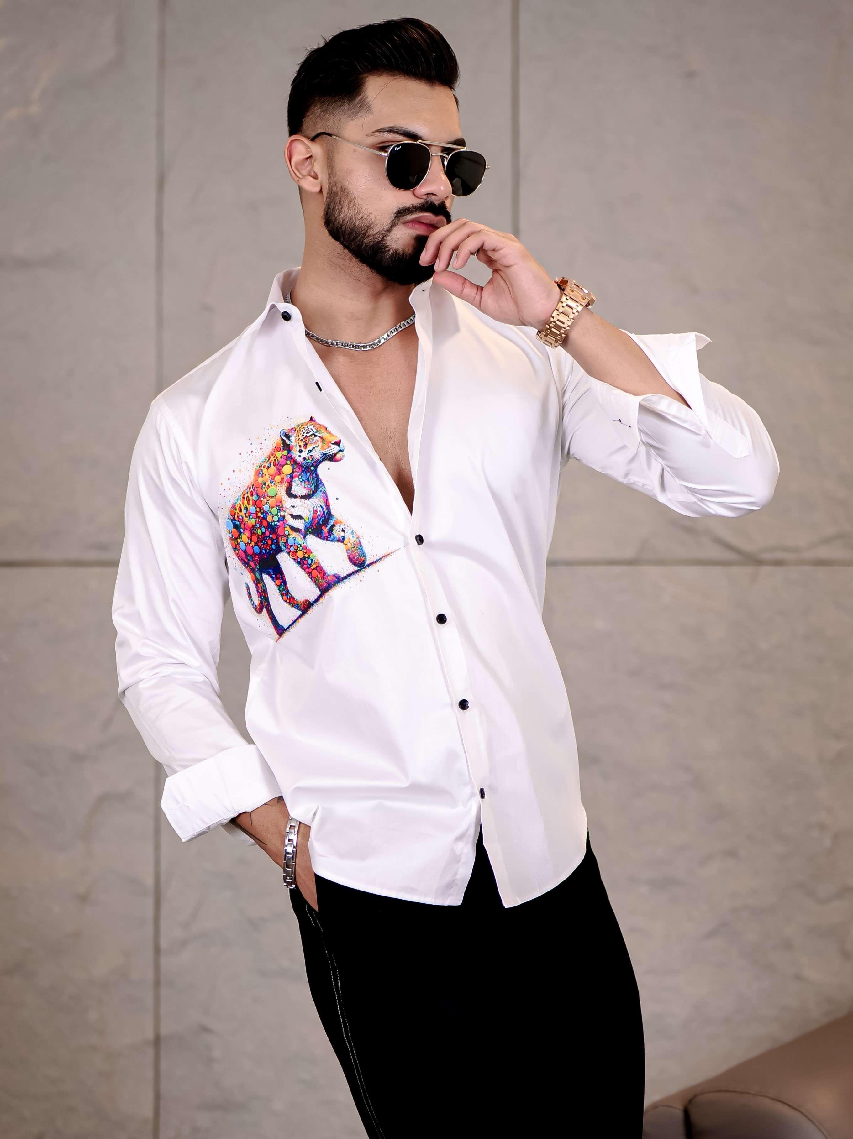 White Club Wear Tiger Printed Satin Cotton Shirt
