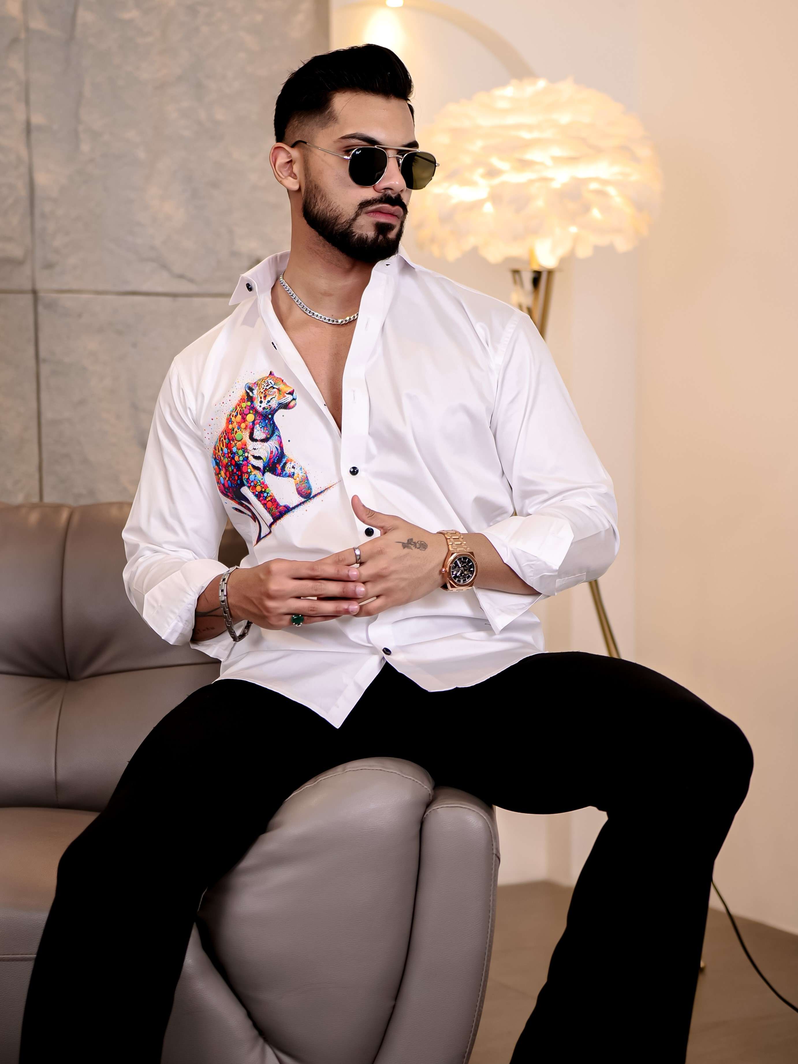 White Club Wear Tiger Printed Satin Cotton Shirt