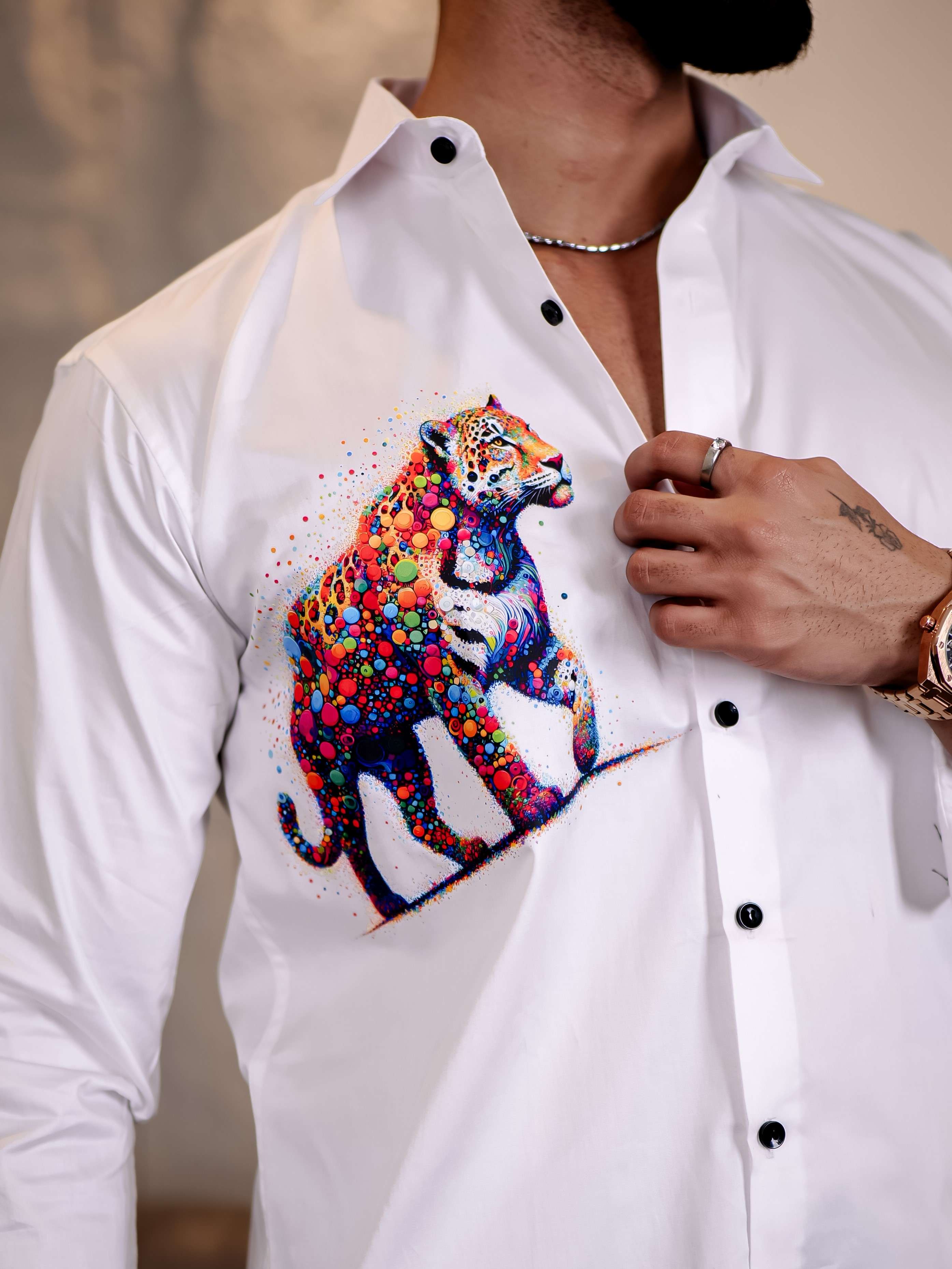 White Club Wear Tiger Printed Satin Cotton Shirt
