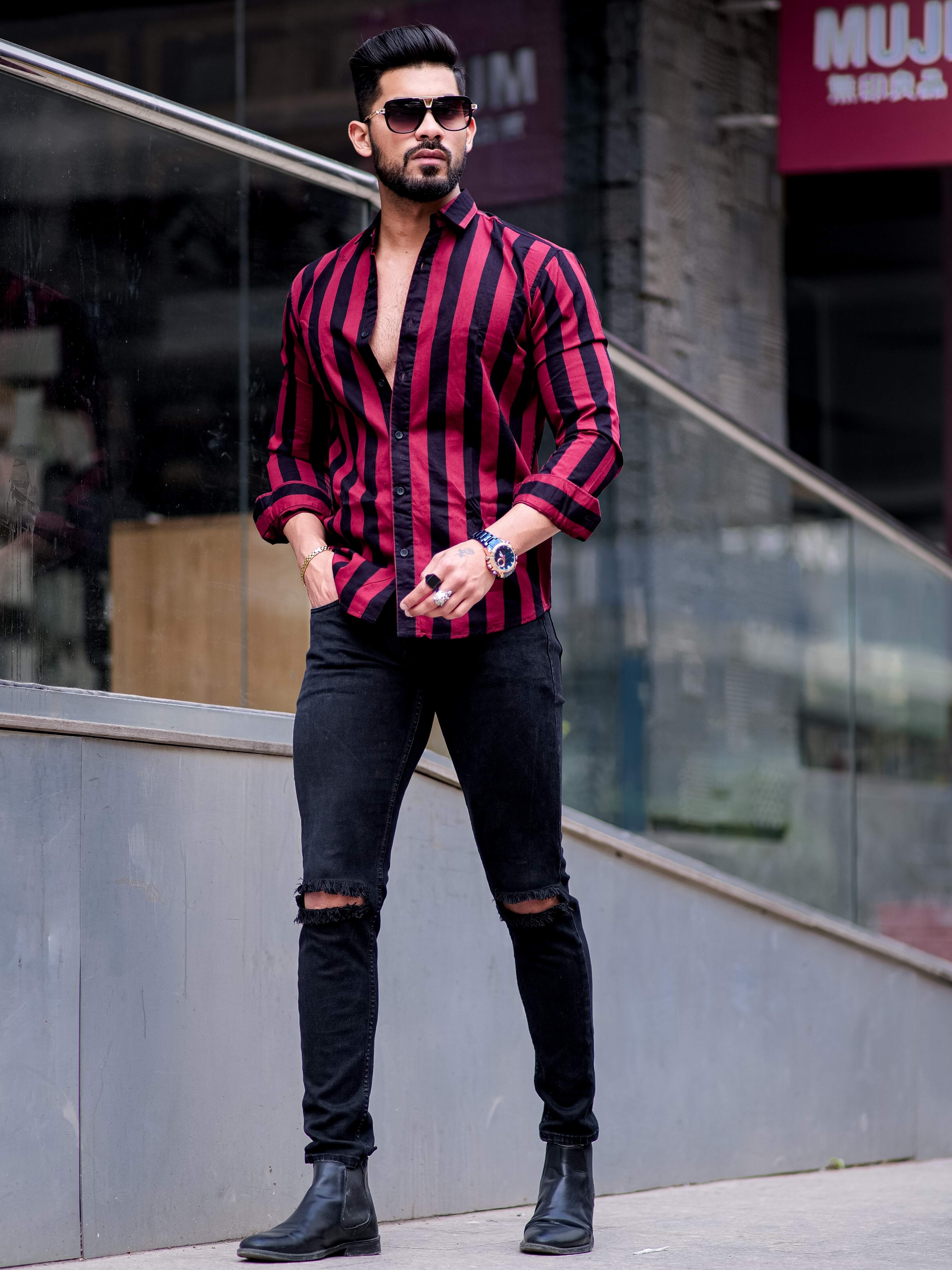 maroon and black striped shirt