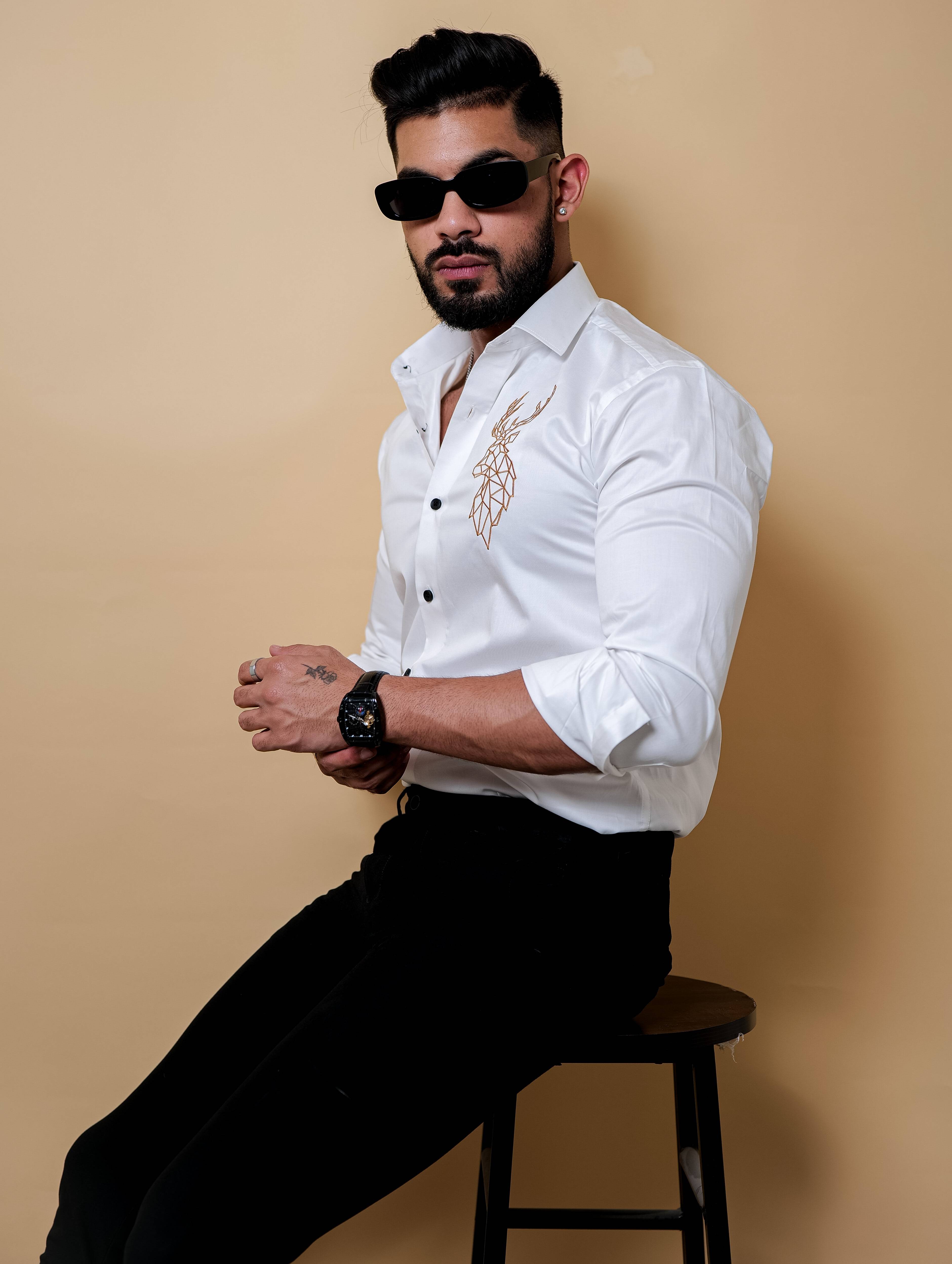 Deer Embroidered White Luxury Cotton Shirt