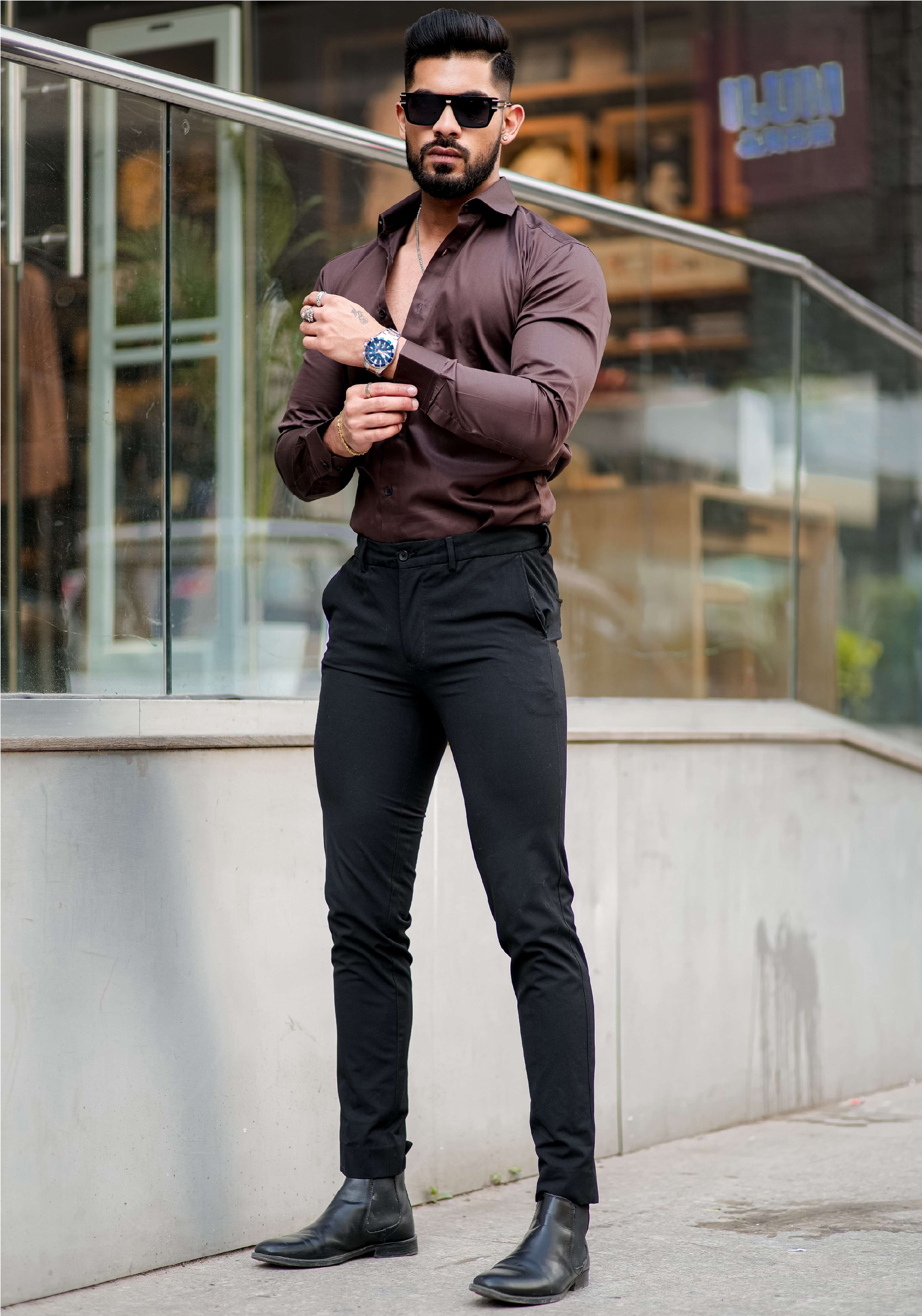 black dress shirt with brown shoes Black Shirt Black Pants Brown Shoes Outfit Men