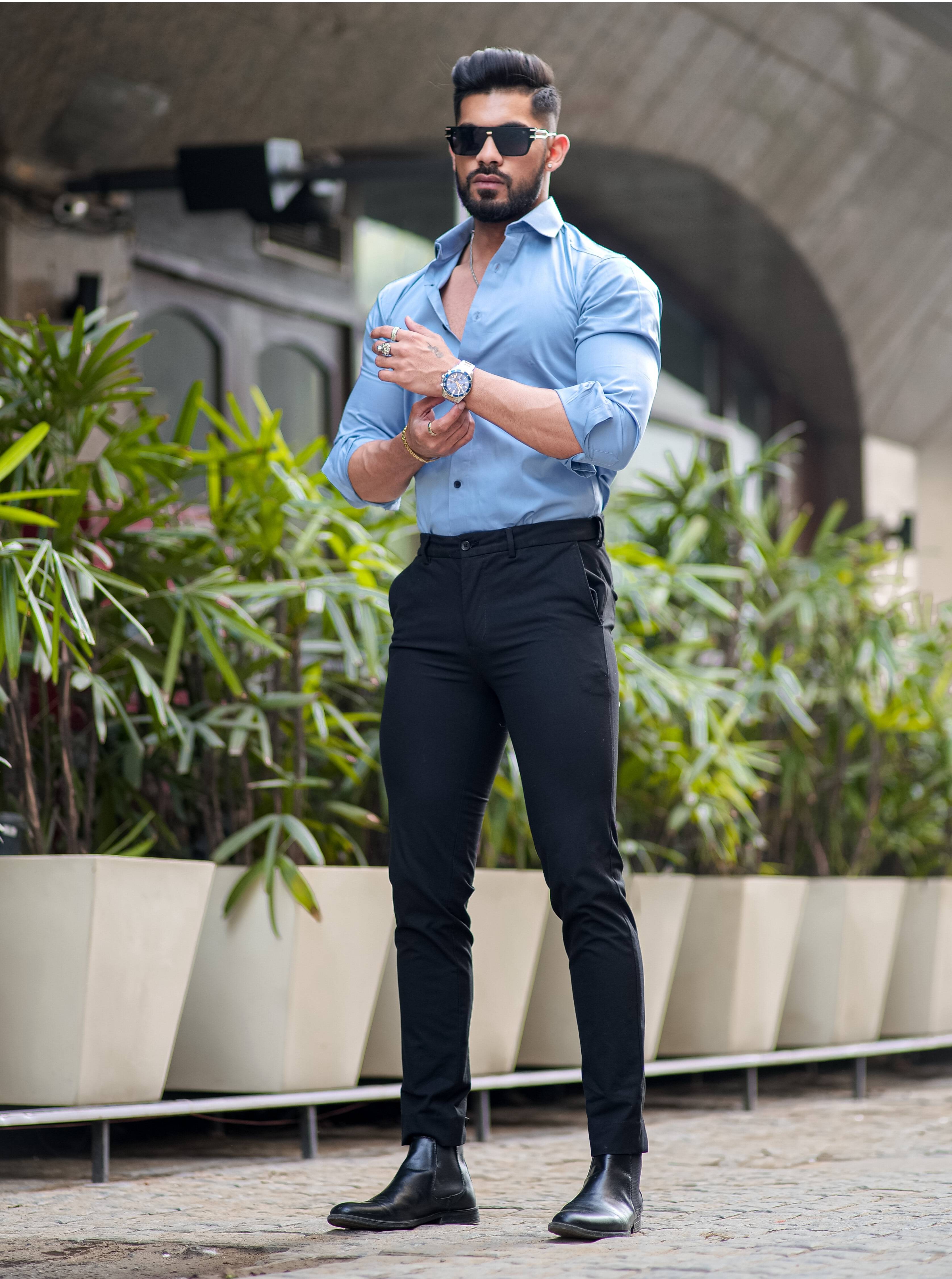 light blue dress shirt with black pants Men's Comfort Fit Classic Collar Designed for cycling black dress pants with blue