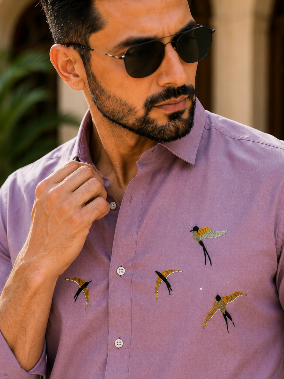 MAGENTO BIRDS EMBROIDERED DESIGNER SATIN COTTON SHIRT MEN'S