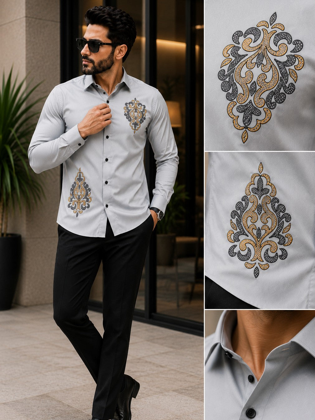 GREY TRADITIONAL EMBROIDERED DESIGNER SATIN COTTON SHIRT MEN'S