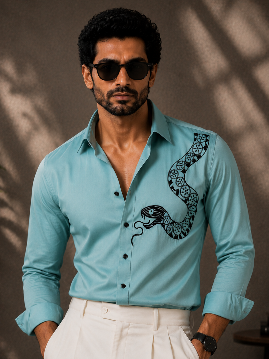 CYAN EMBROIDERED DESIGNER SATIN COTTON SHIRT MEN'S