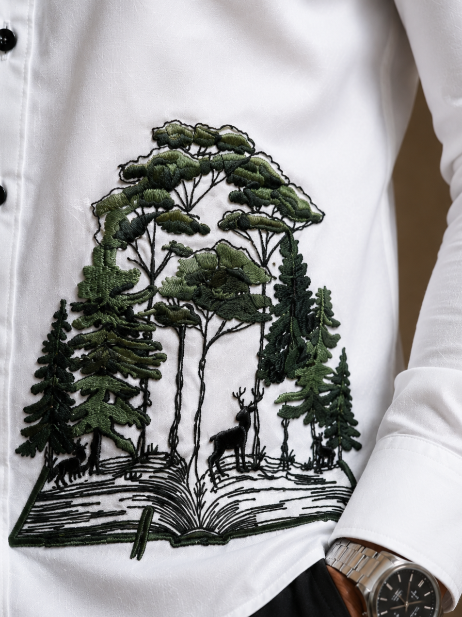 WHITE EMBROIDERED DESIGNER SATIN COTTON SHIRT MEN'S