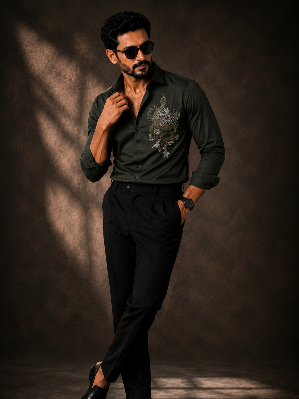 OLIVE EMBROIDERED DESIGNER SATIN COTTON SHIRT MEN'S