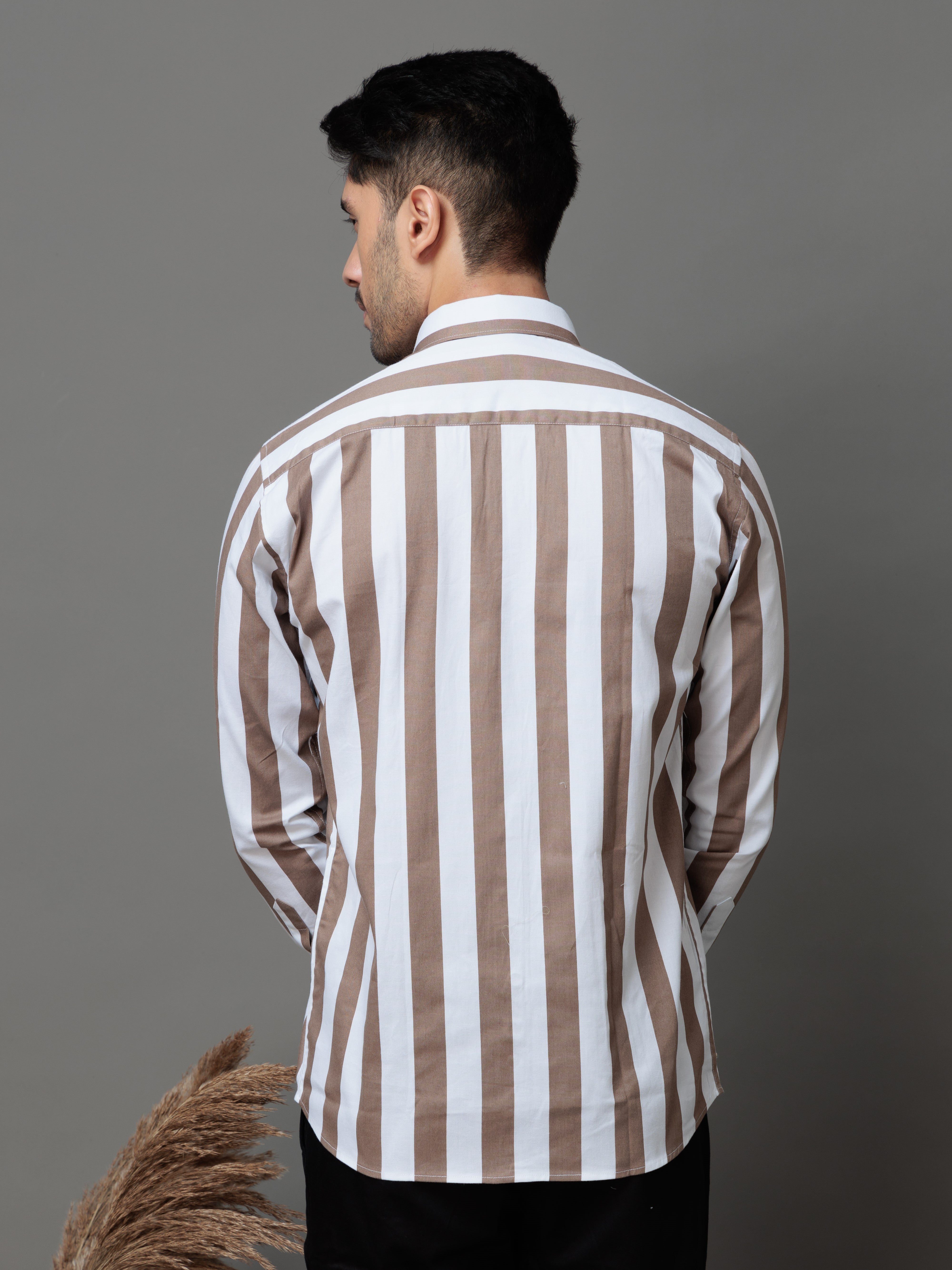 METALLIC BROWN STRIPED COTTON CASUAL SHIRT FOR MEN&#39;S