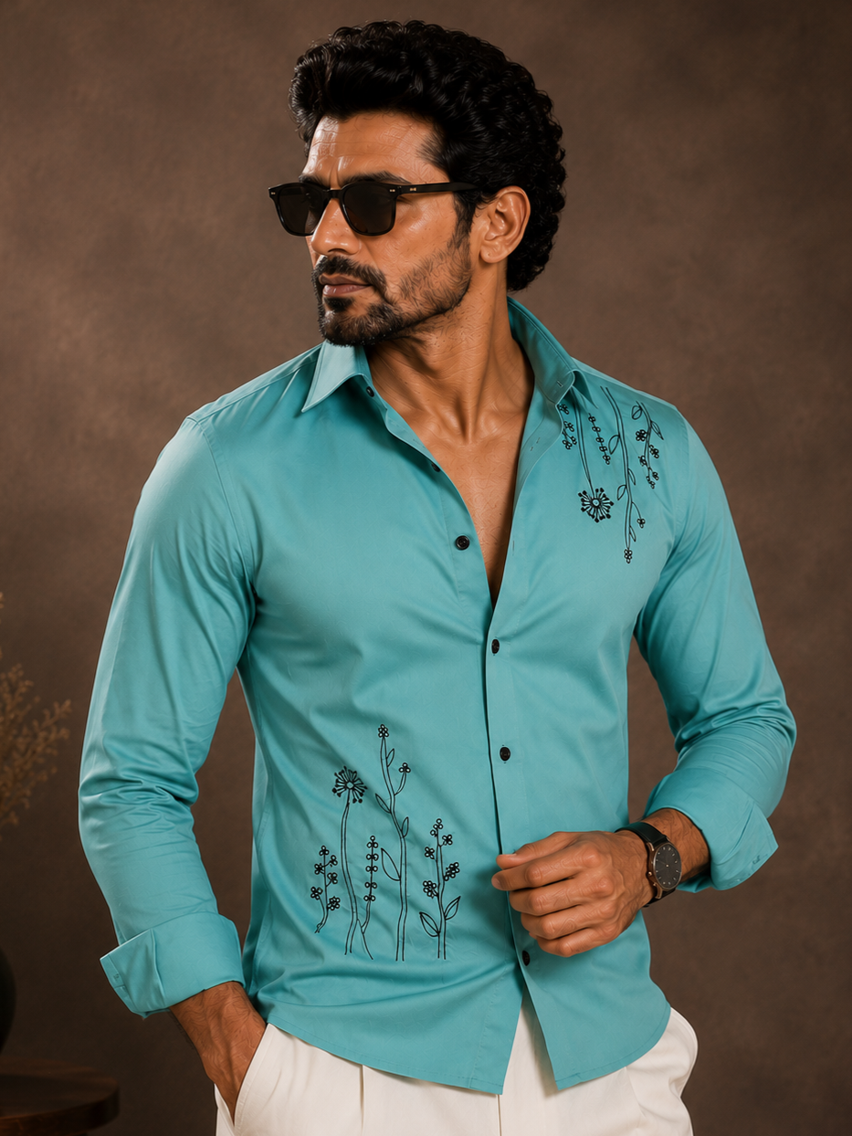 CYAN EMBROIDERED DESIGNER SATIN COTTON SHIRT MEN'S