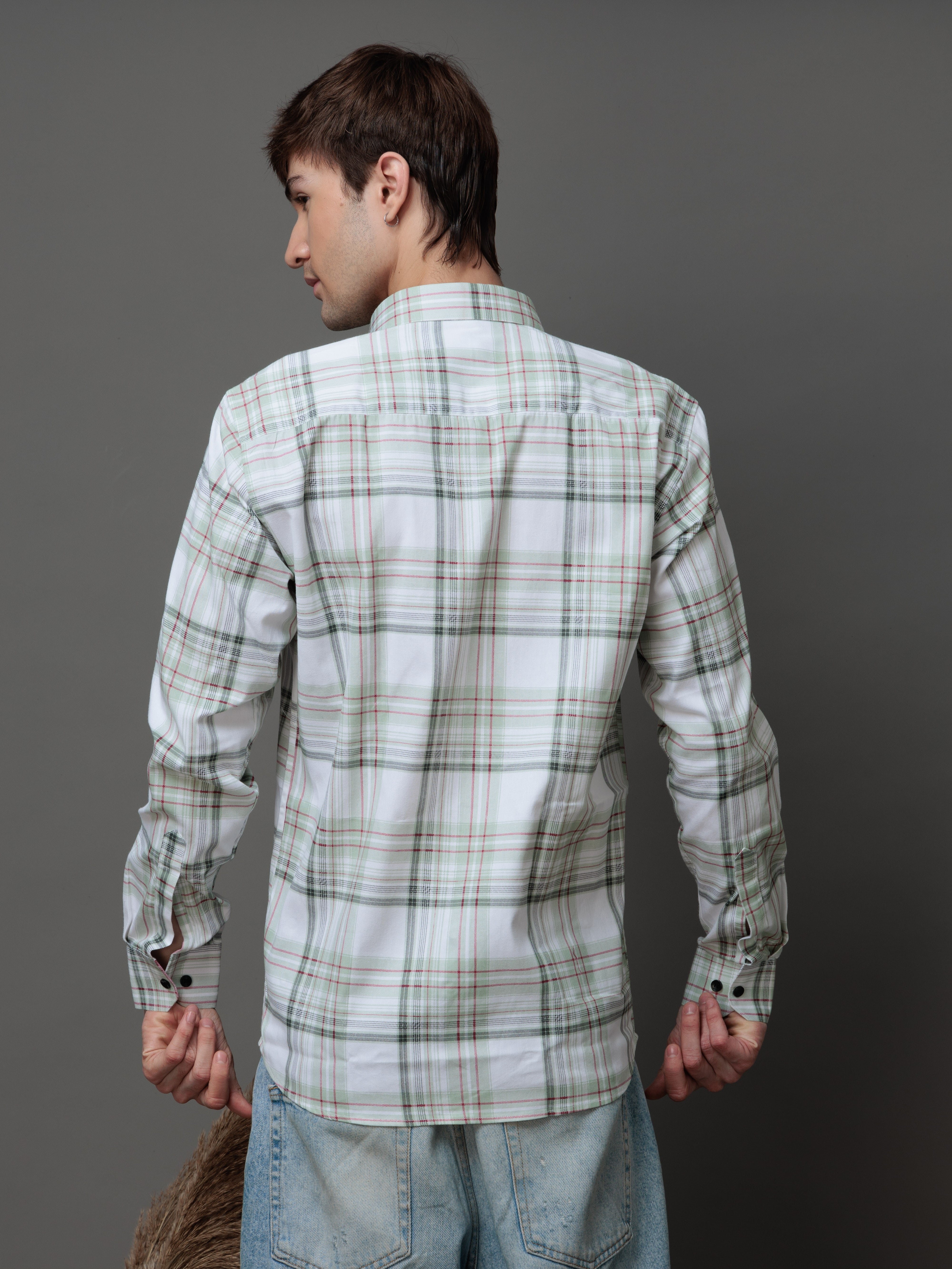 BOX GREEN CHECKED COTTON CASUAL SHIRT FOR MEN&#39;S