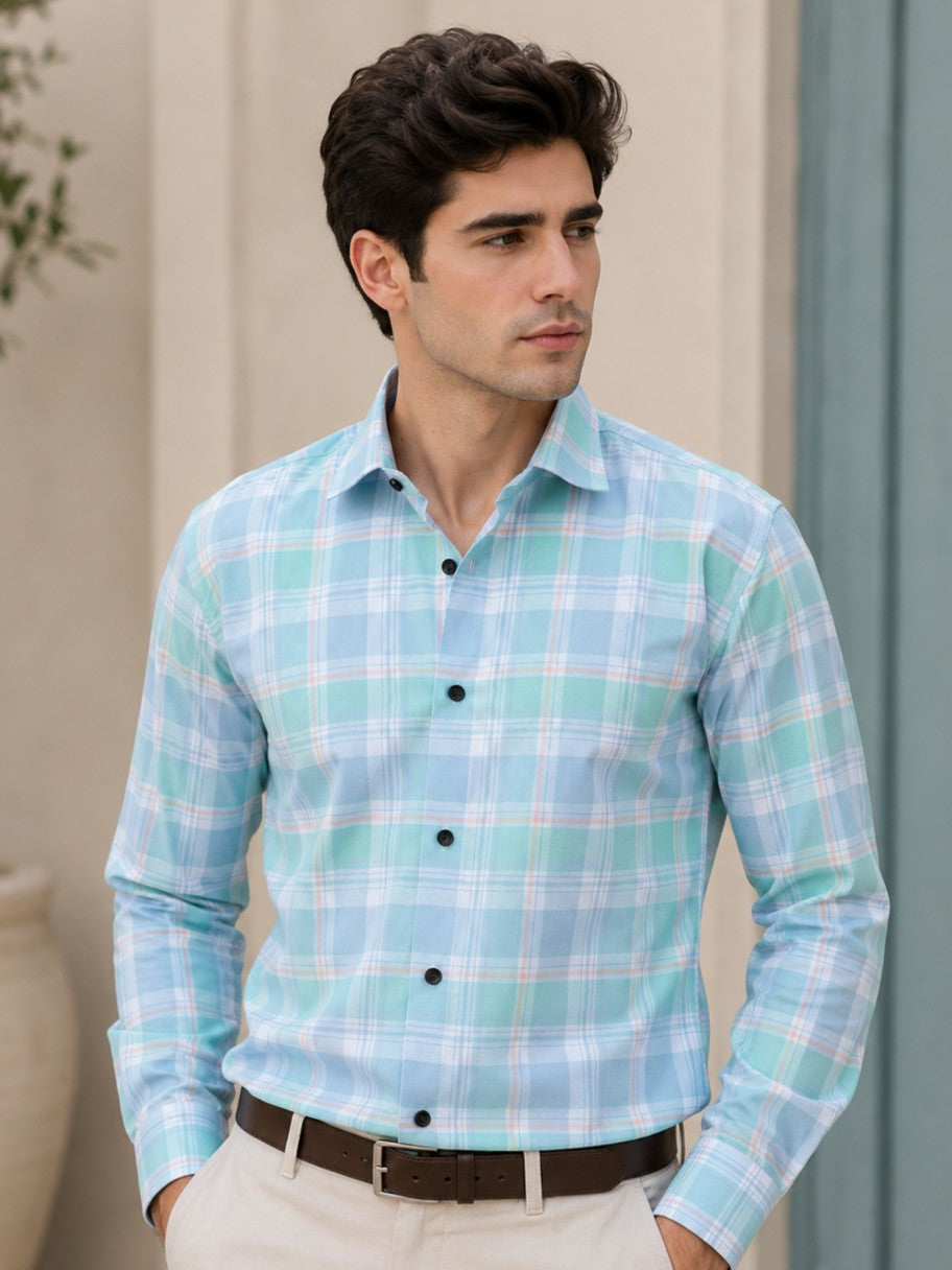 BOX CYAN CHECKED COTTON CASUAL SHIRT FOR MEN'S