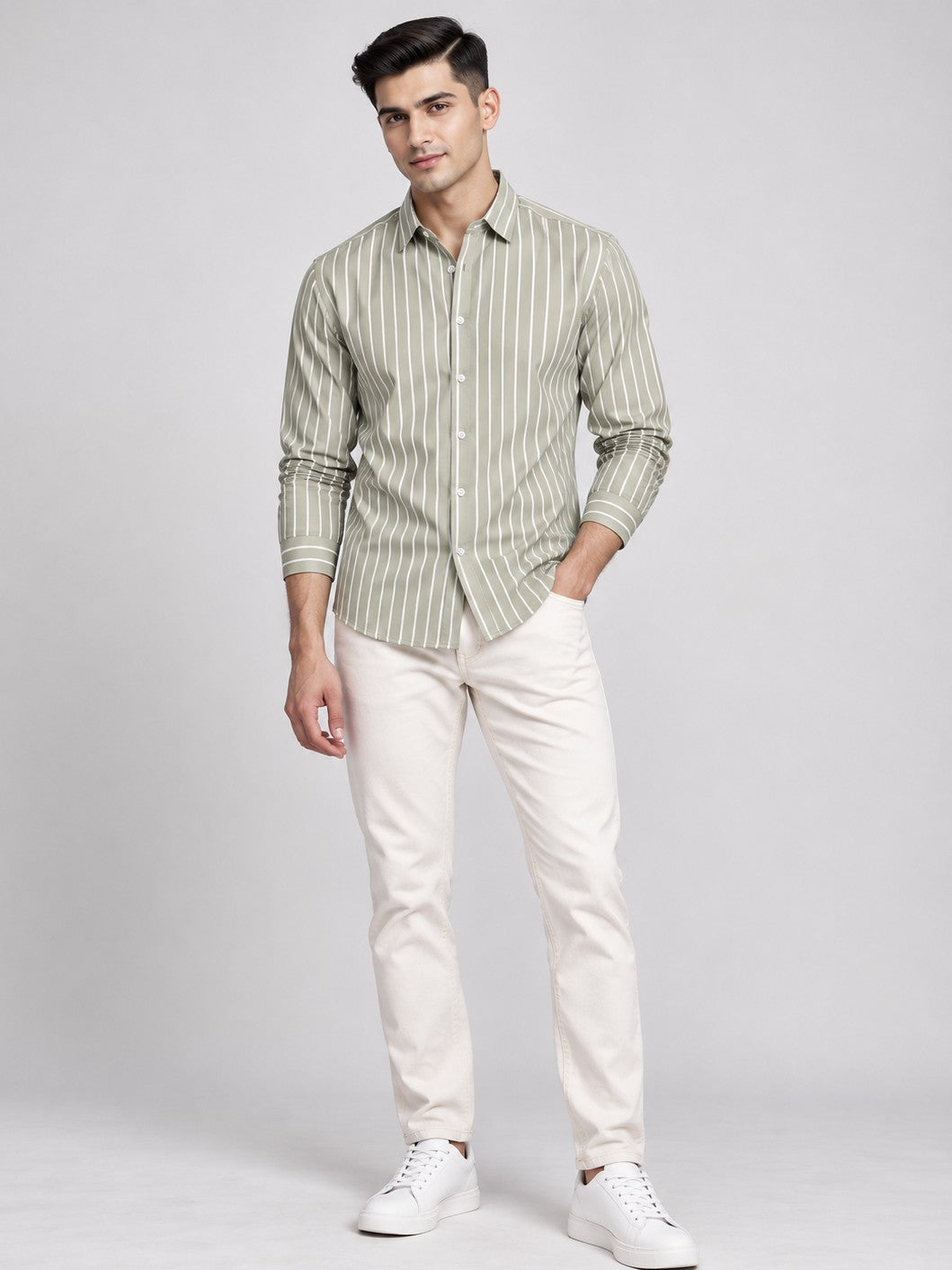 Men Classic Light Green Striped Formal, Casual Wear Shirt