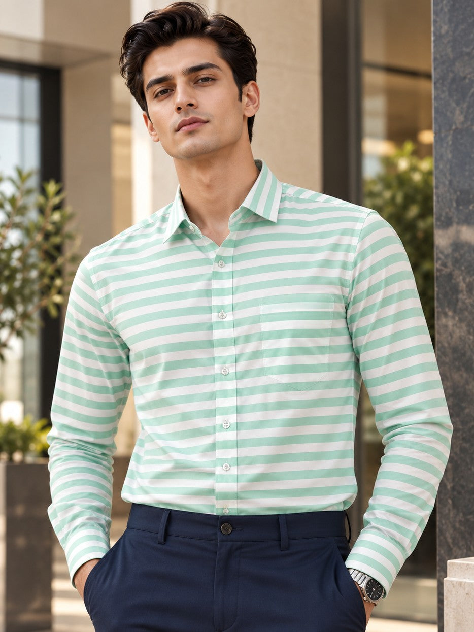 Men Classic Green Horizontal Stripes Striped Formal, Casual Shirt