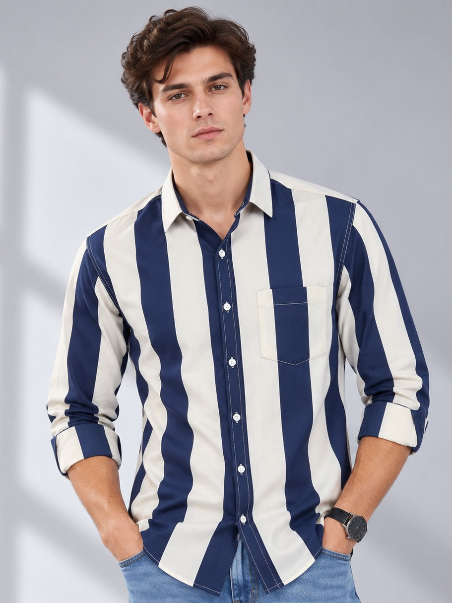 Men Navy Striped Regular Fit Formal, Casual Wear Shirt