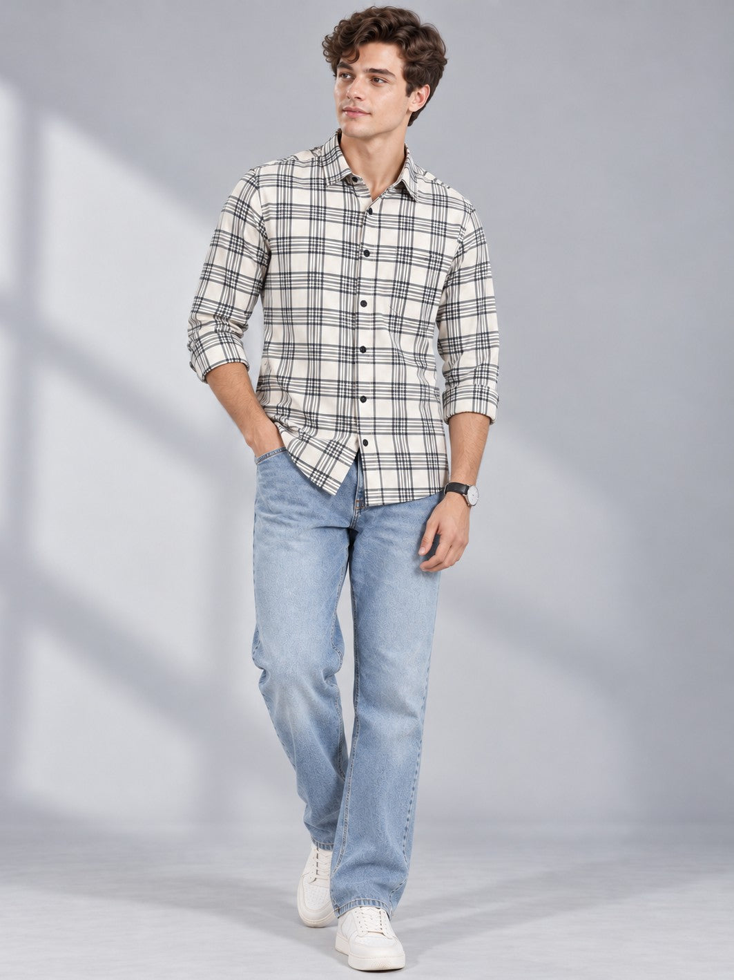 Men's Cream Checked Casual and Formal Shirt