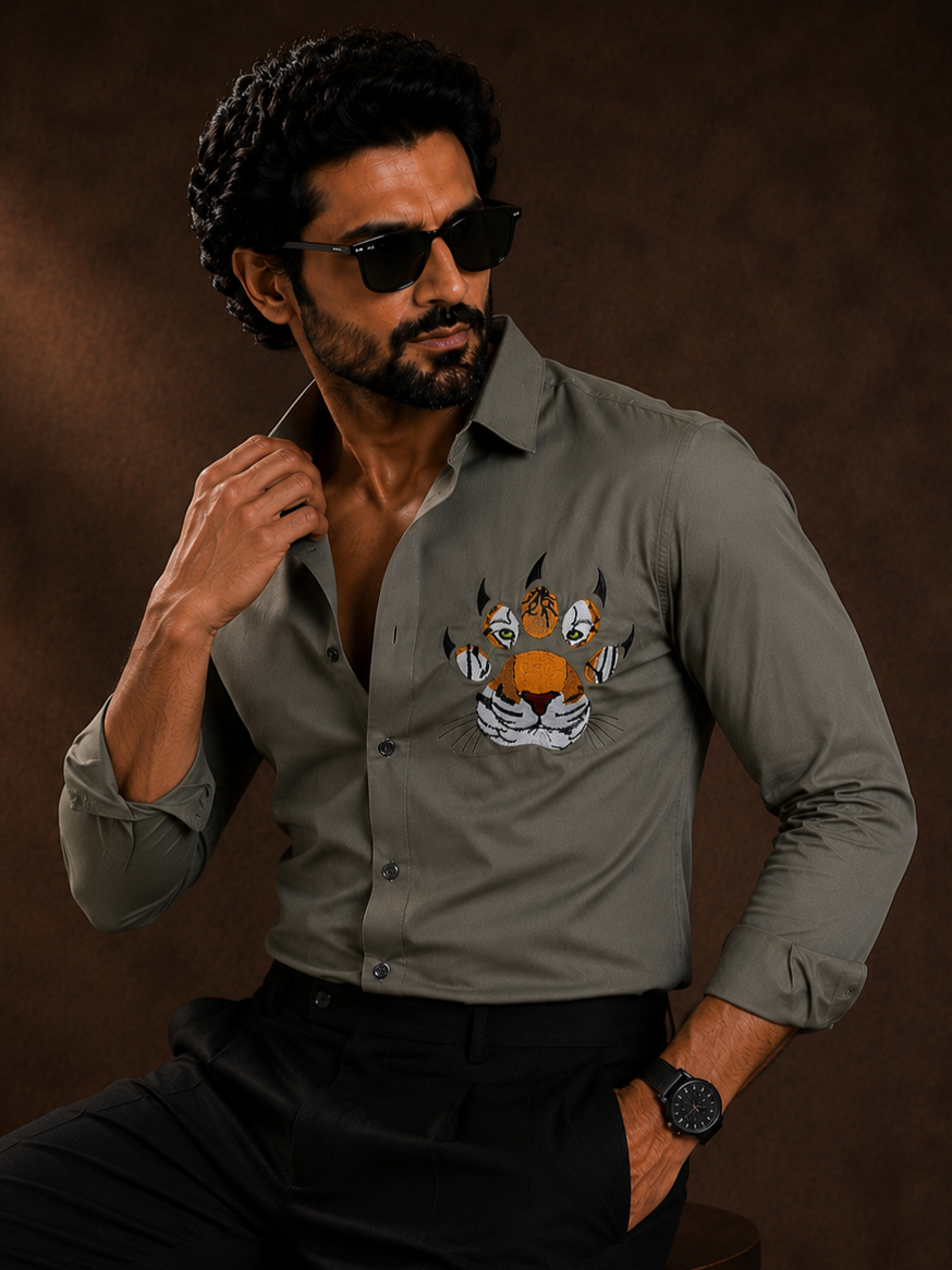 GREEN EMBROIDERED DESIGNER SATIN COTTON SHIRT MEN'S
