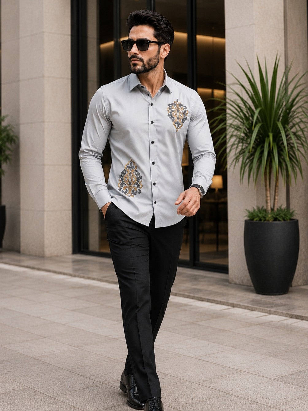 GREY TRADITIONAL EMBROIDERED DESIGNER SATIN COTTON SHIRT MEN'S