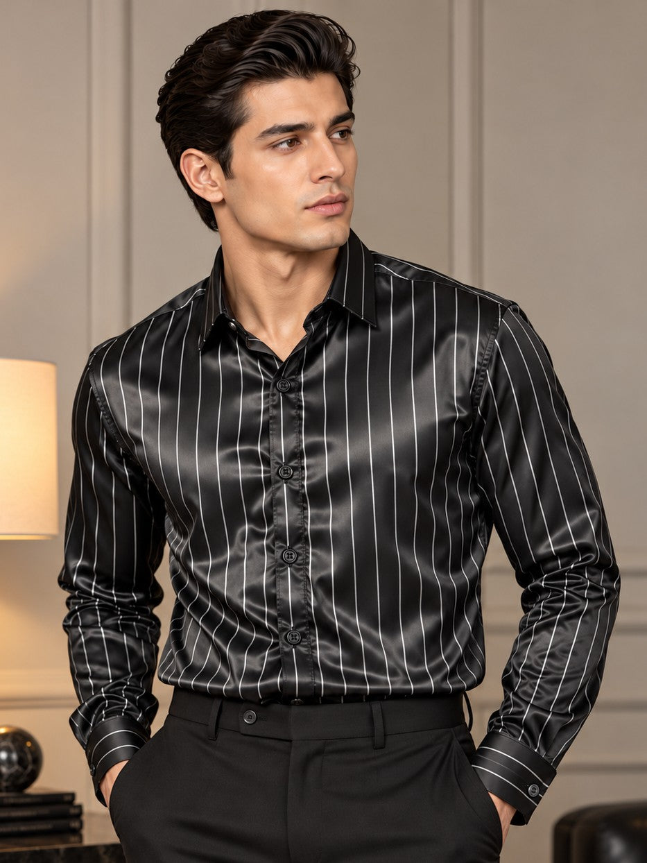 Men Black Formal and Party Striped Shirt
