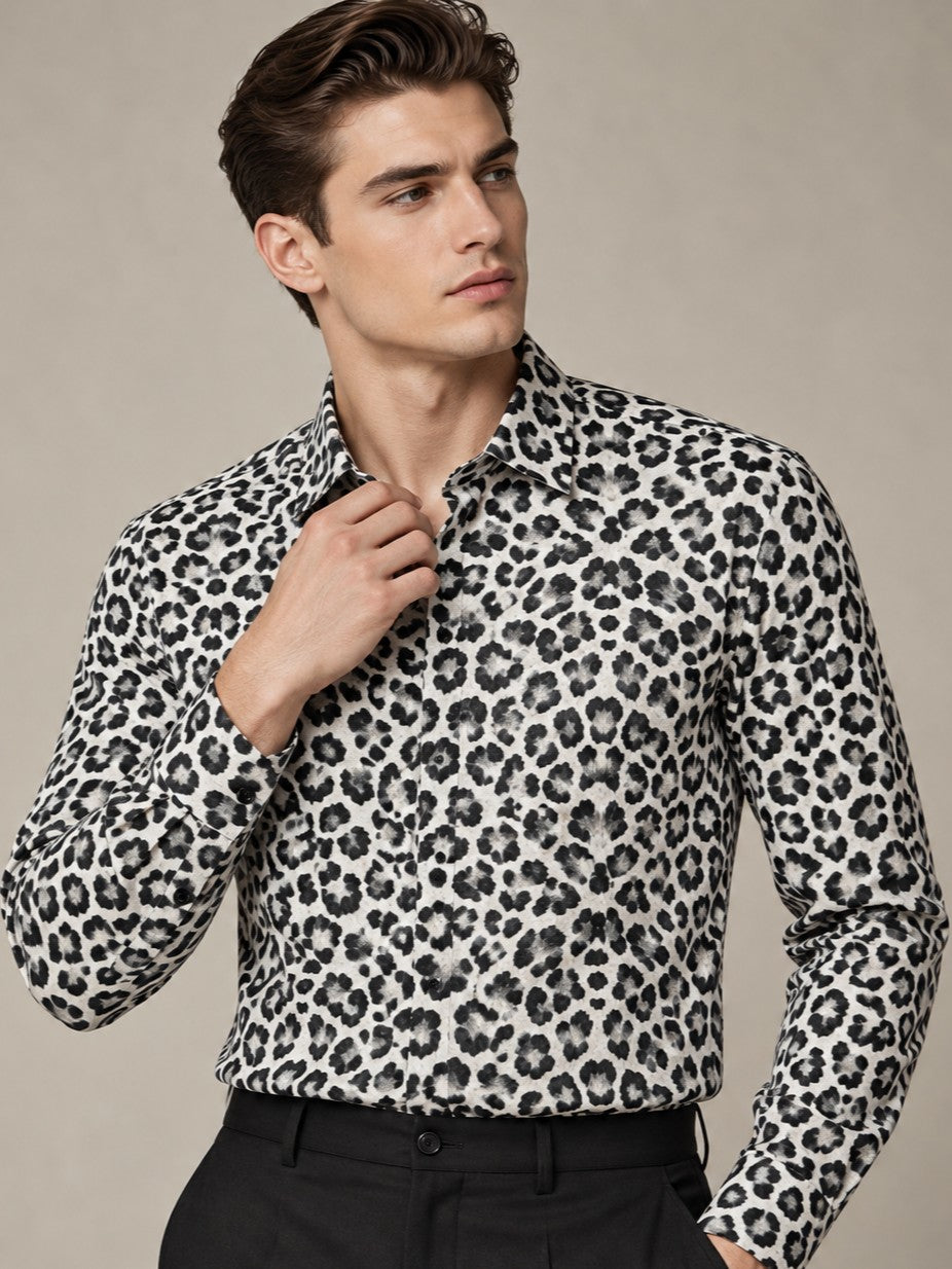 Men's Animal Print Leopard White Casual and Formal Shirt