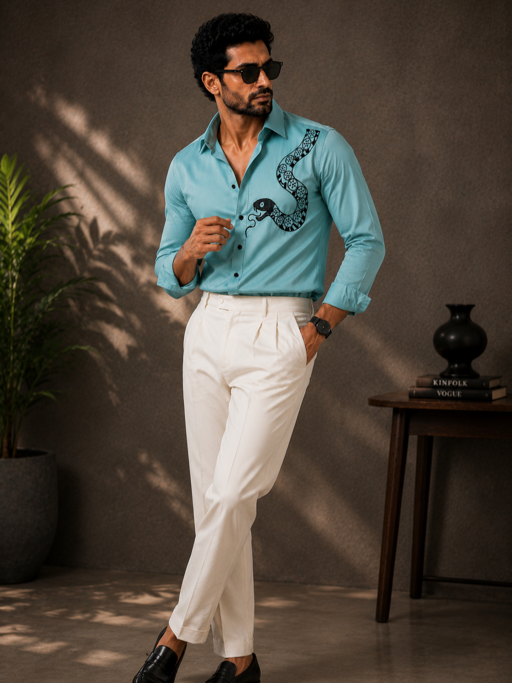 CYAN EMBROIDERED DESIGNER SATIN COTTON SHIRT MEN'S