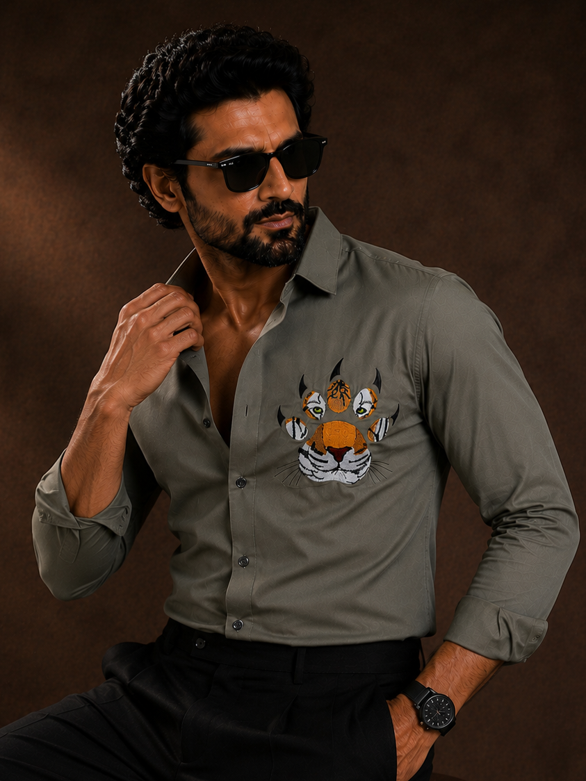 GREEN EMBROIDERED DESIGNER SATIN COTTON SHIRT MEN'S