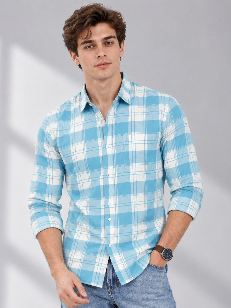 Men's Aqua Checked Casual and Formal Shirt