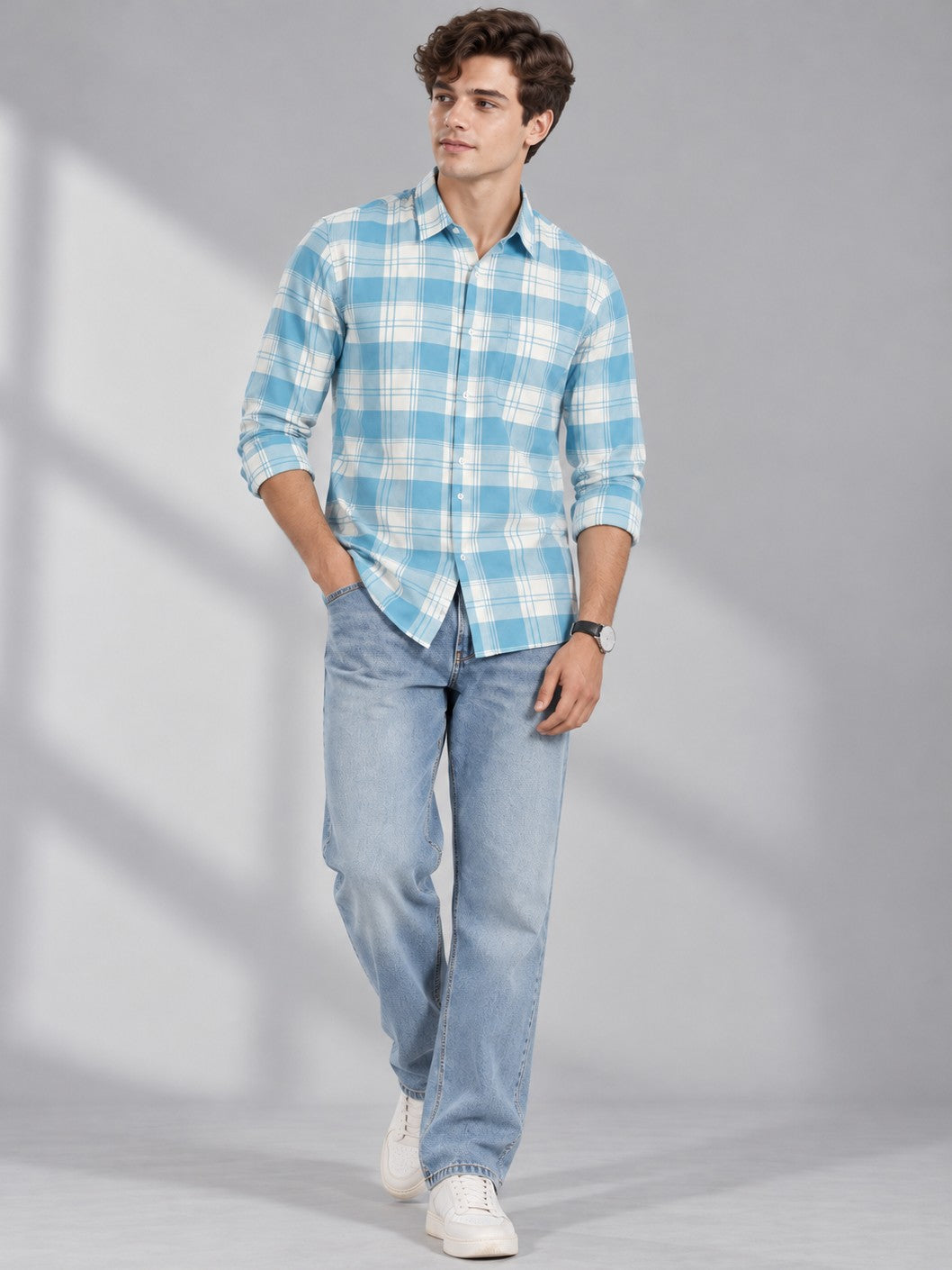 Men's Aqua Checked Casual and Formal Shirt