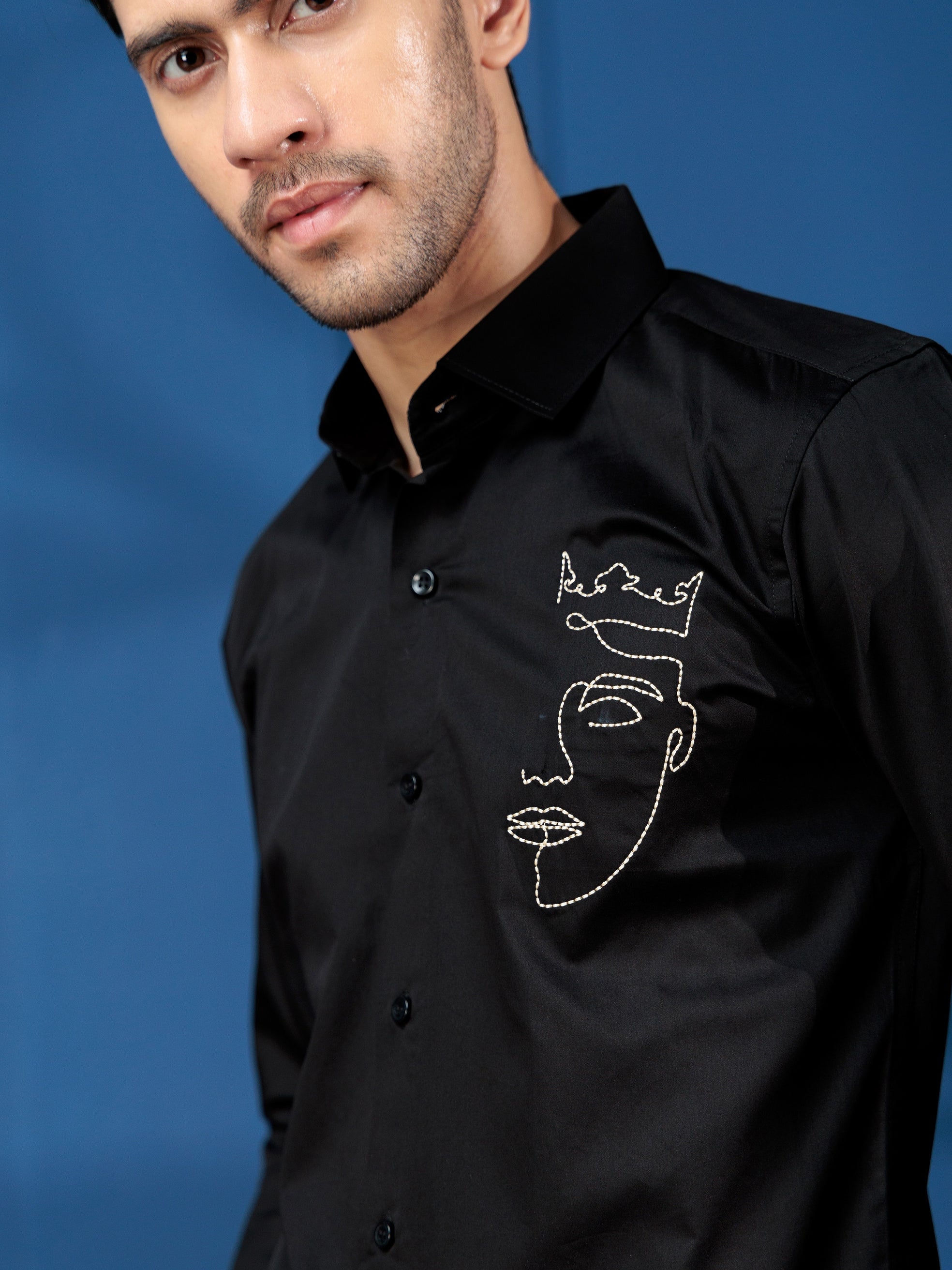 FOOMER BLACK LINE EMBROIDERED DESIGNER WEAR SATIN COTTON SHIRT FOR MEN
