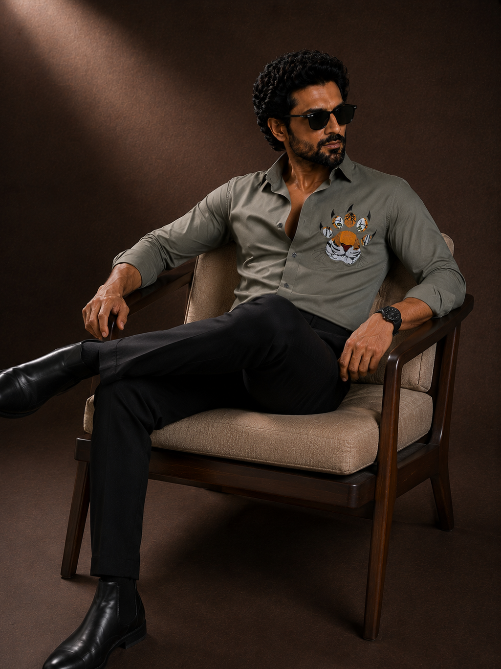 GREEN EMBROIDERED DESIGNER SATIN COTTON SHIRT MEN'S
