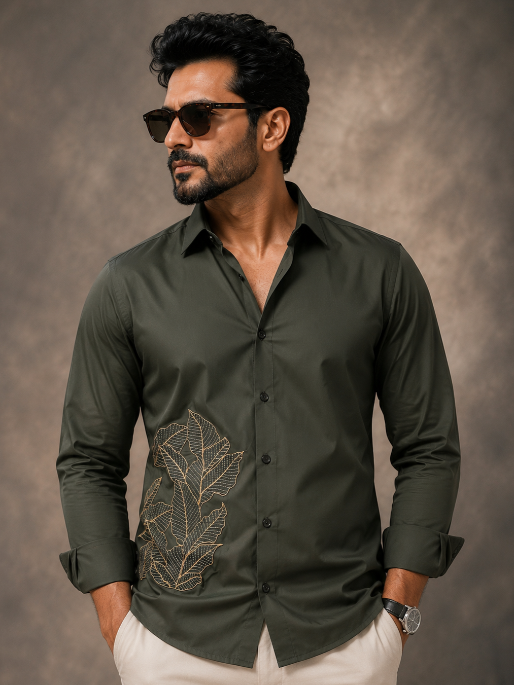OLIVE EMBROIDERED DESIGNER SATIN COTTON SHIRT MEN'S