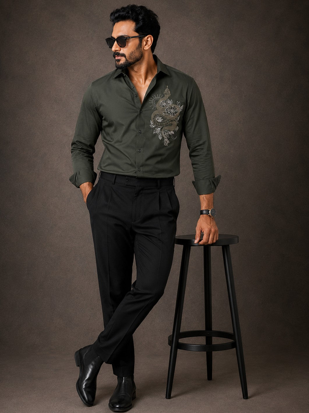 OLIVE EMBROIDERED DESIGNER SATIN COTTON SHIRT MEN'S