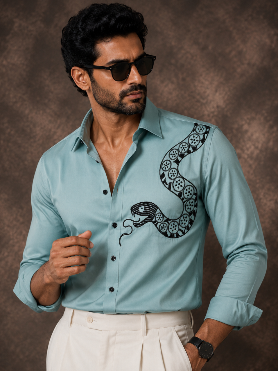CYAN EMBROIDERED DESIGNER SATIN COTTON SHIRT MEN'S