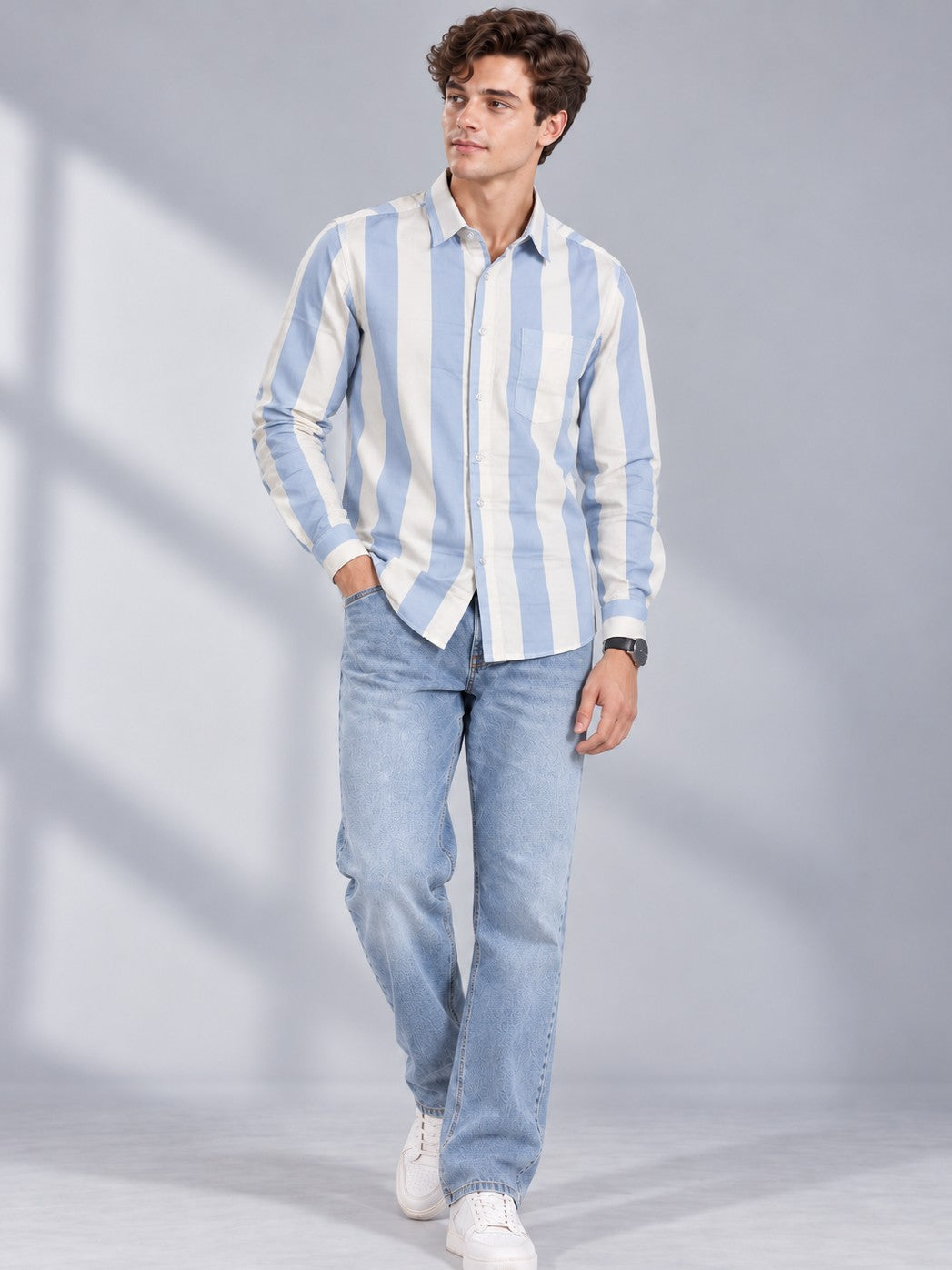 Men Sky Blue Striped Regular Fit Formal, Casual Wear Shirt