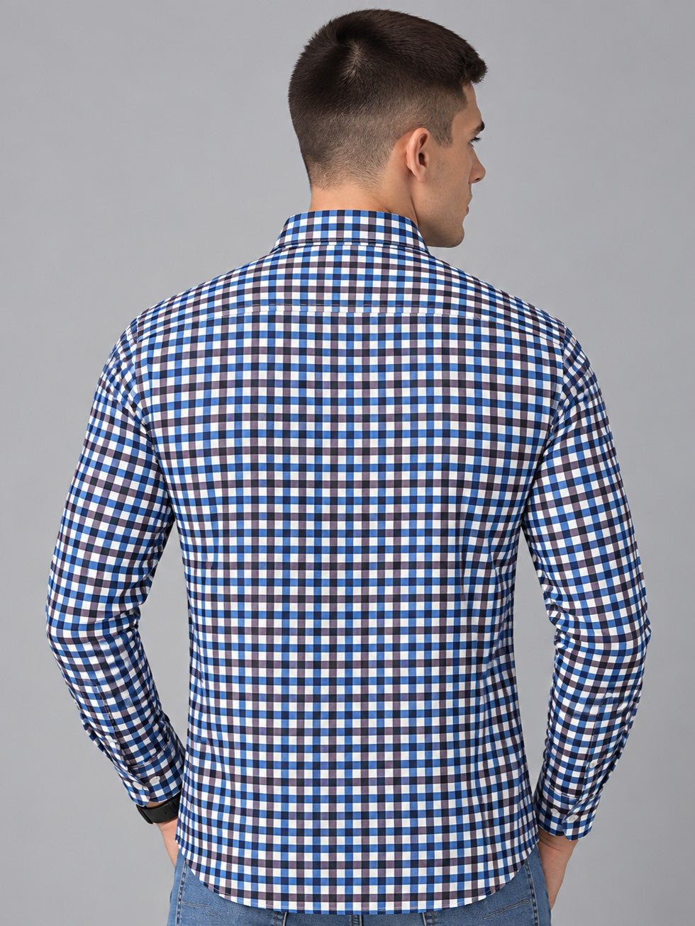 Men Premium Navy Blue Regular Fit Checked Formal, Casual Shirt